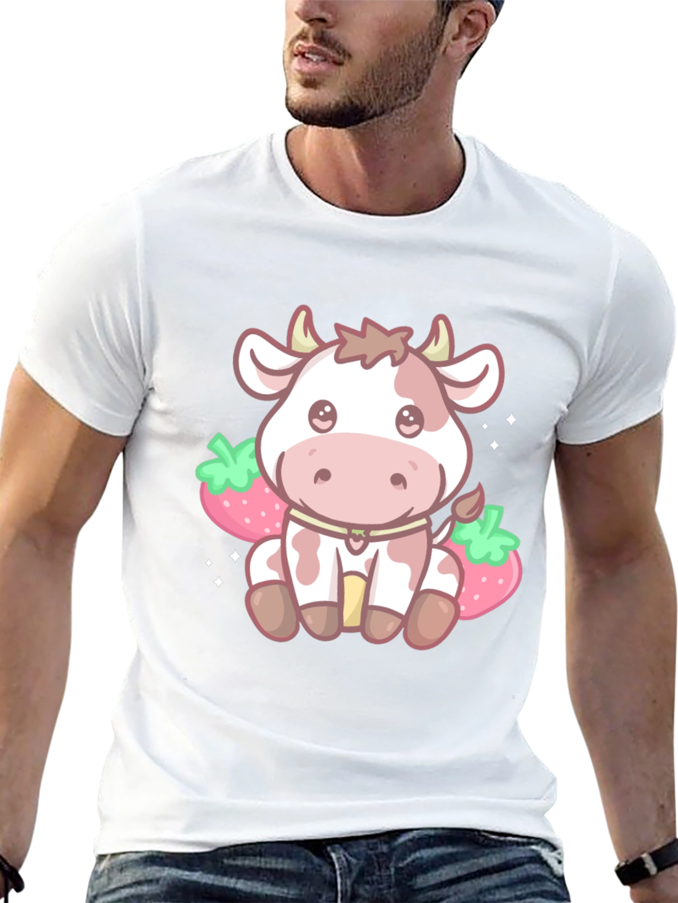 Kawaii Cow & Strawberry Graphic Tee - Black