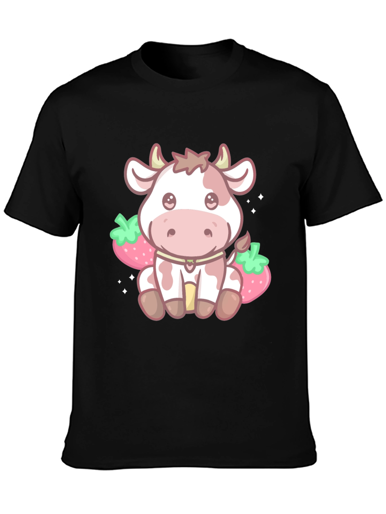 Kawaii Cow & Strawberry Graphic Tee - Black