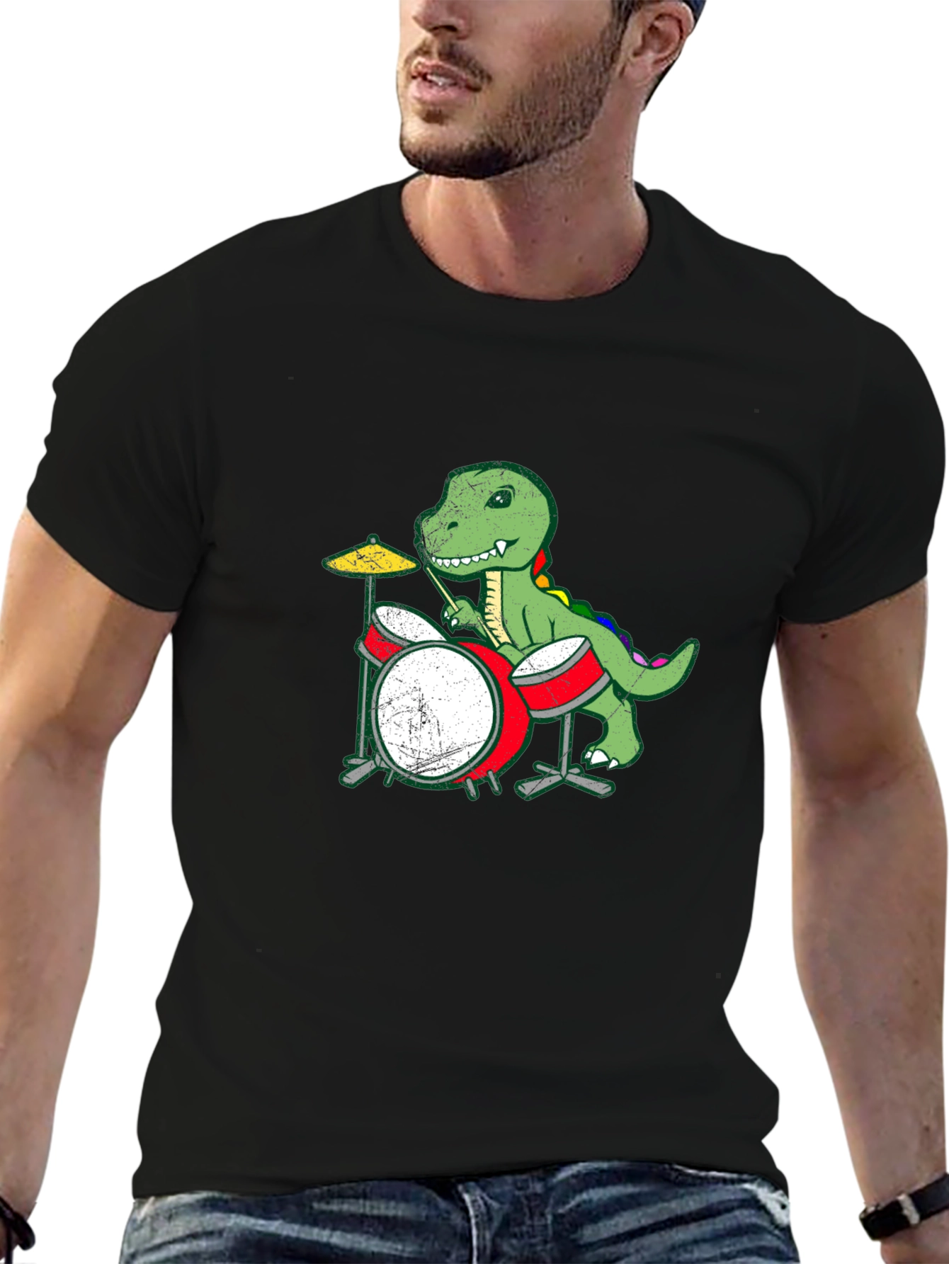 Dino Drummer Graphic Tee - Black Cotton T-Shirt