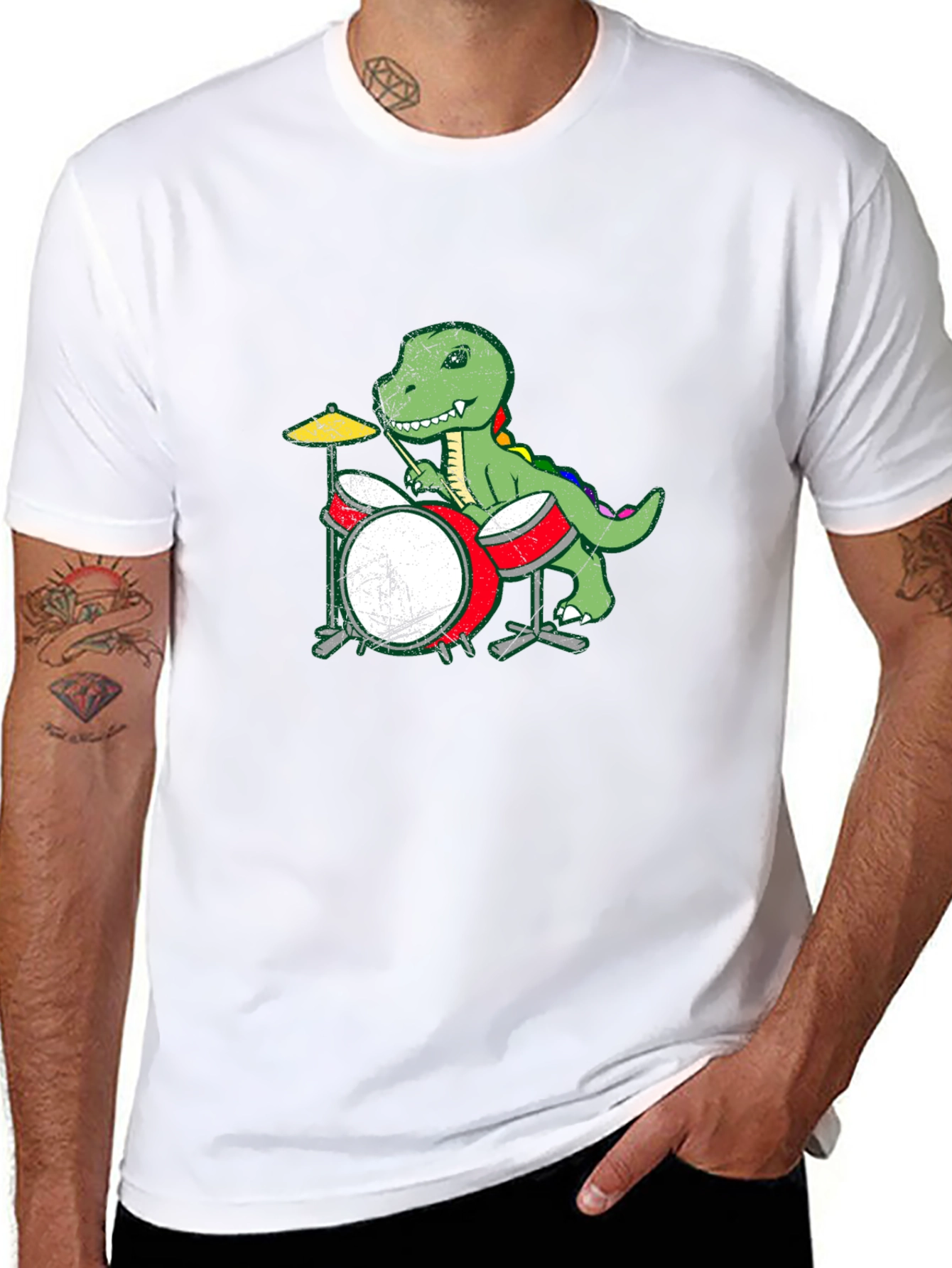 Dino Drummer Graphic Tee - Black Cotton T-Shirt
