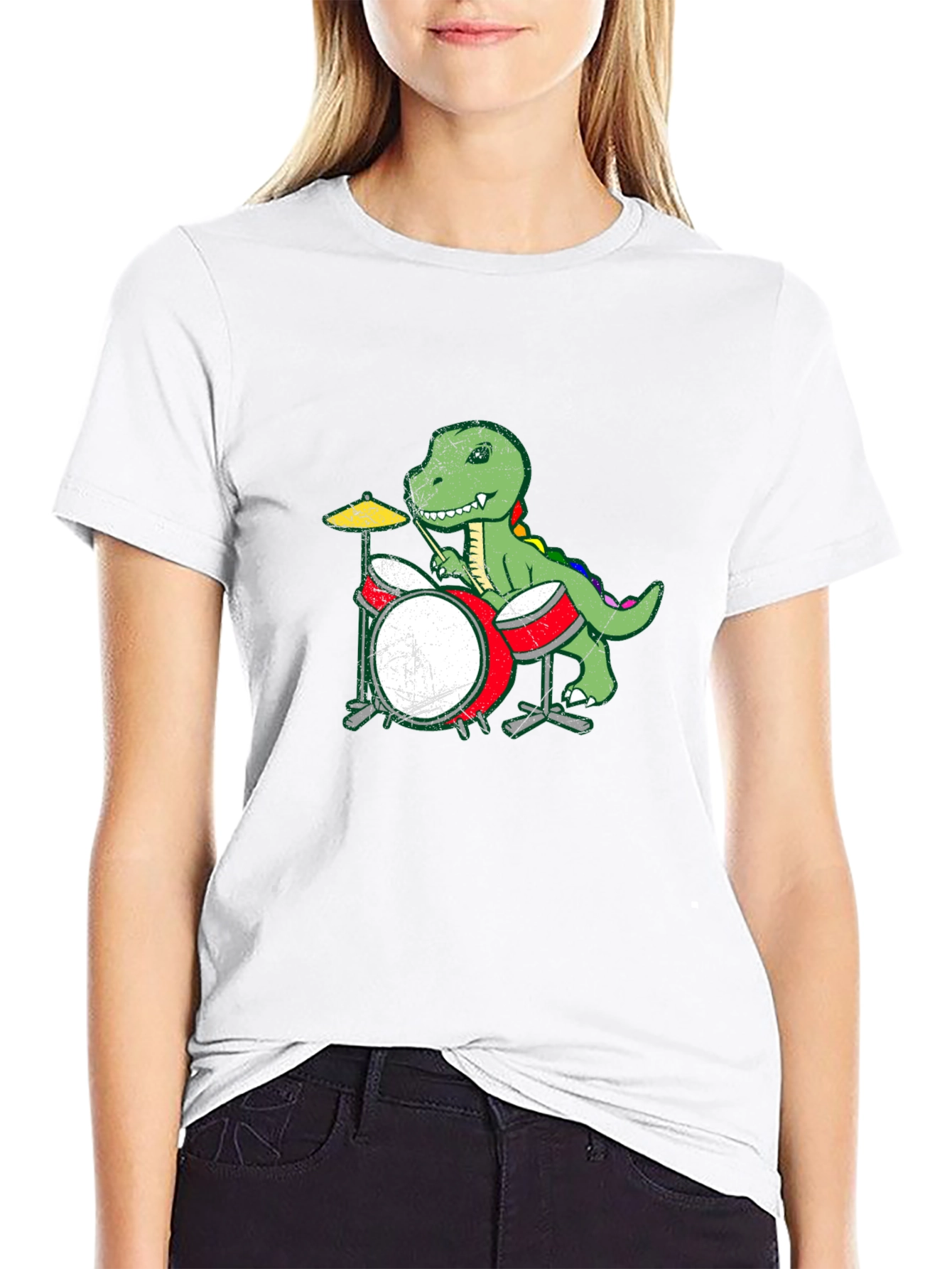 Dino Drummer Graphic Tee - Black Cotton T-Shirt