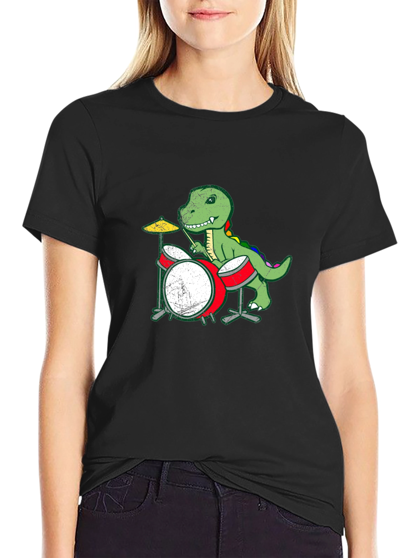 Dino Drummer Graphic Tee - Black Cotton T-Shirt