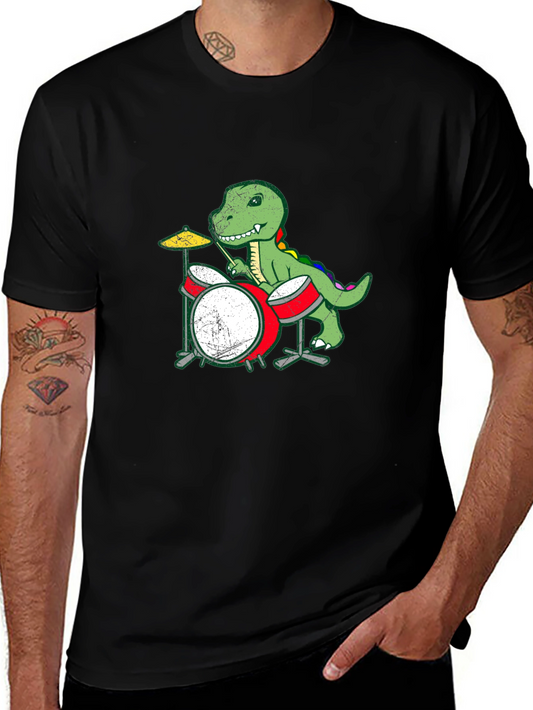 Dino Drummer Graphic Tee - Black Cotton T-Shirt