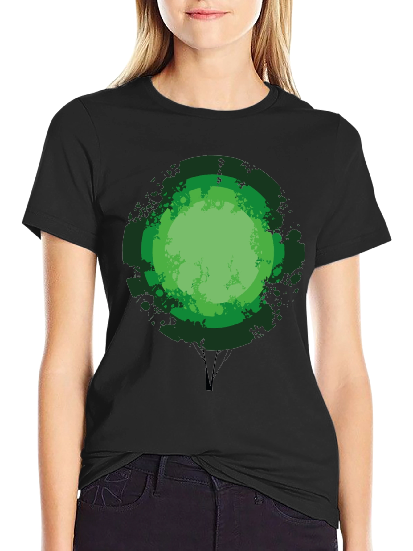 Green Tree Graphic Print Black T-Shirt