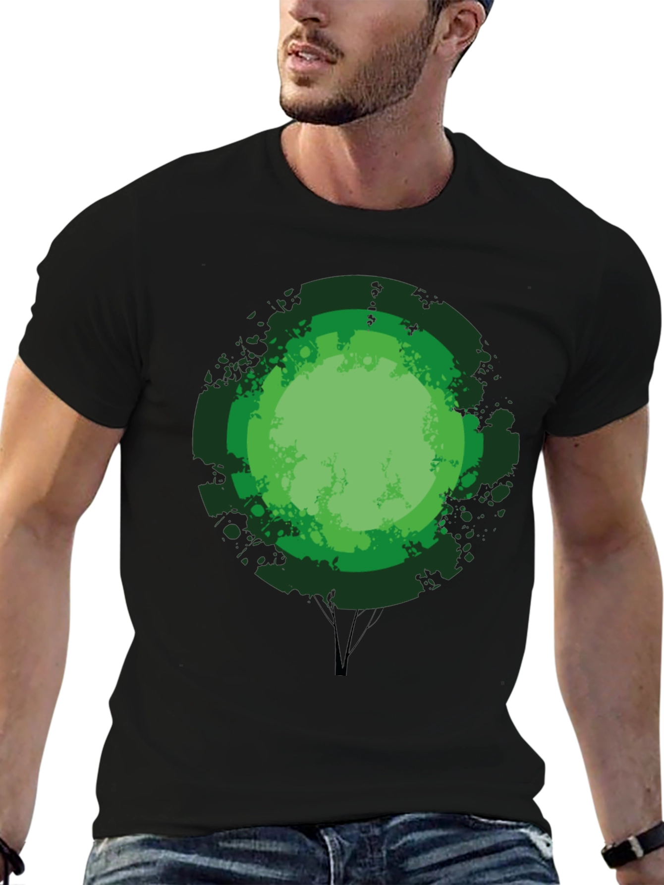 Green Tree Graphic Print Black T-Shirt