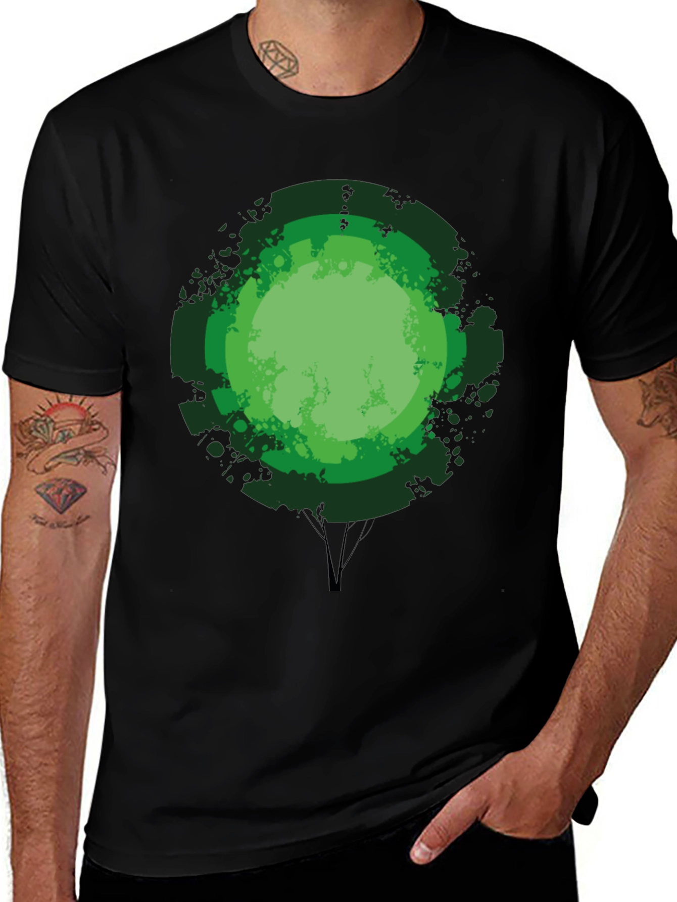 Green Tree Graphic Print Black T-Shirt