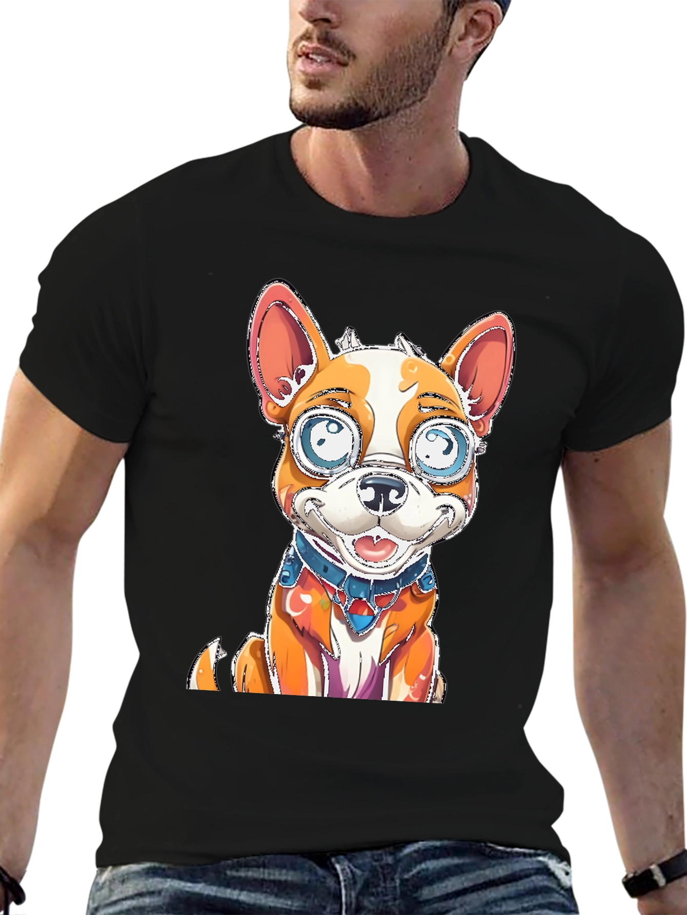 Cartoon Dog Graphic Tee - Black Cotton Blend Shirt