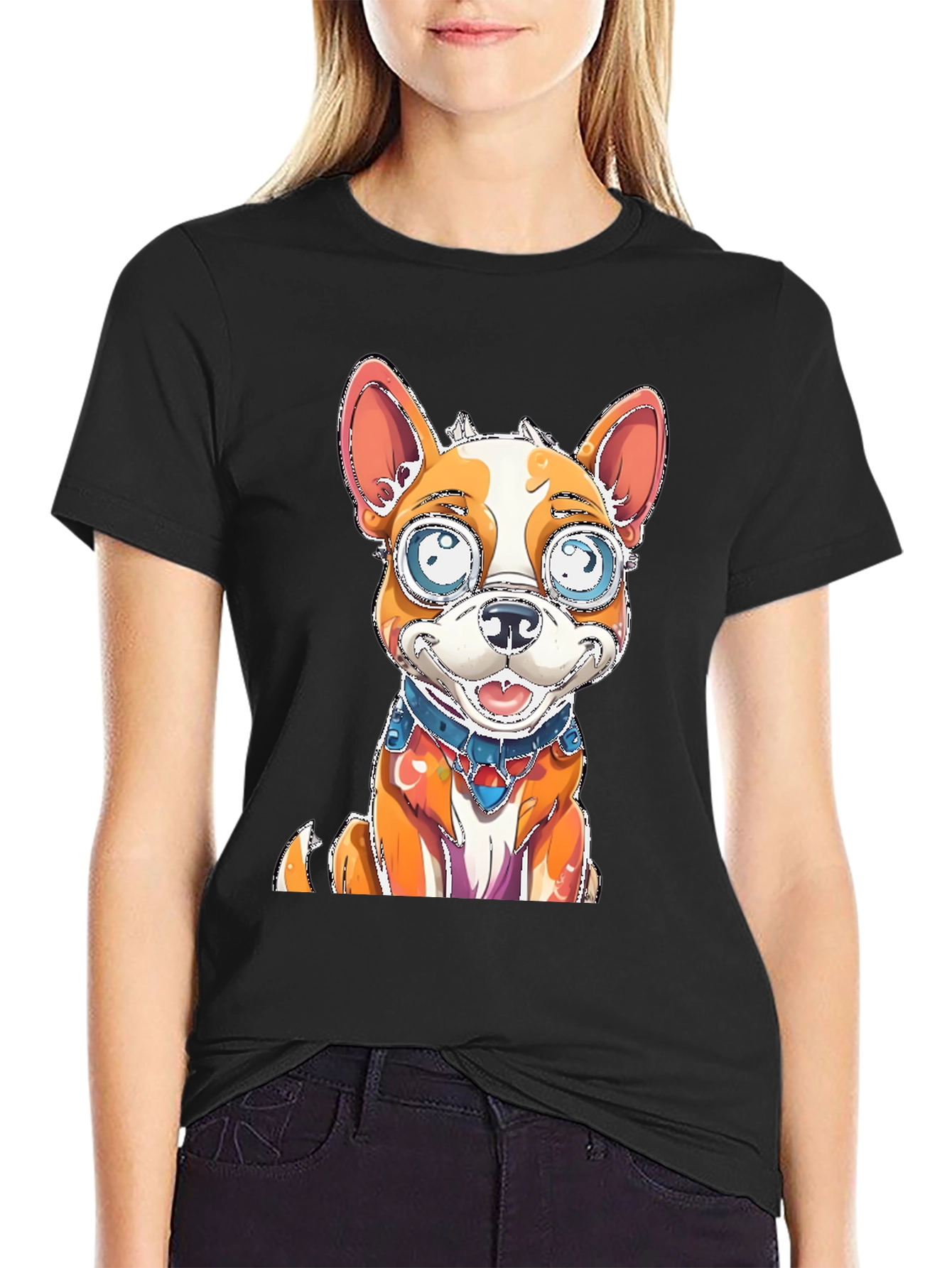 Cartoon Dog Graphic Tee - Black Cotton Blend Shirt
