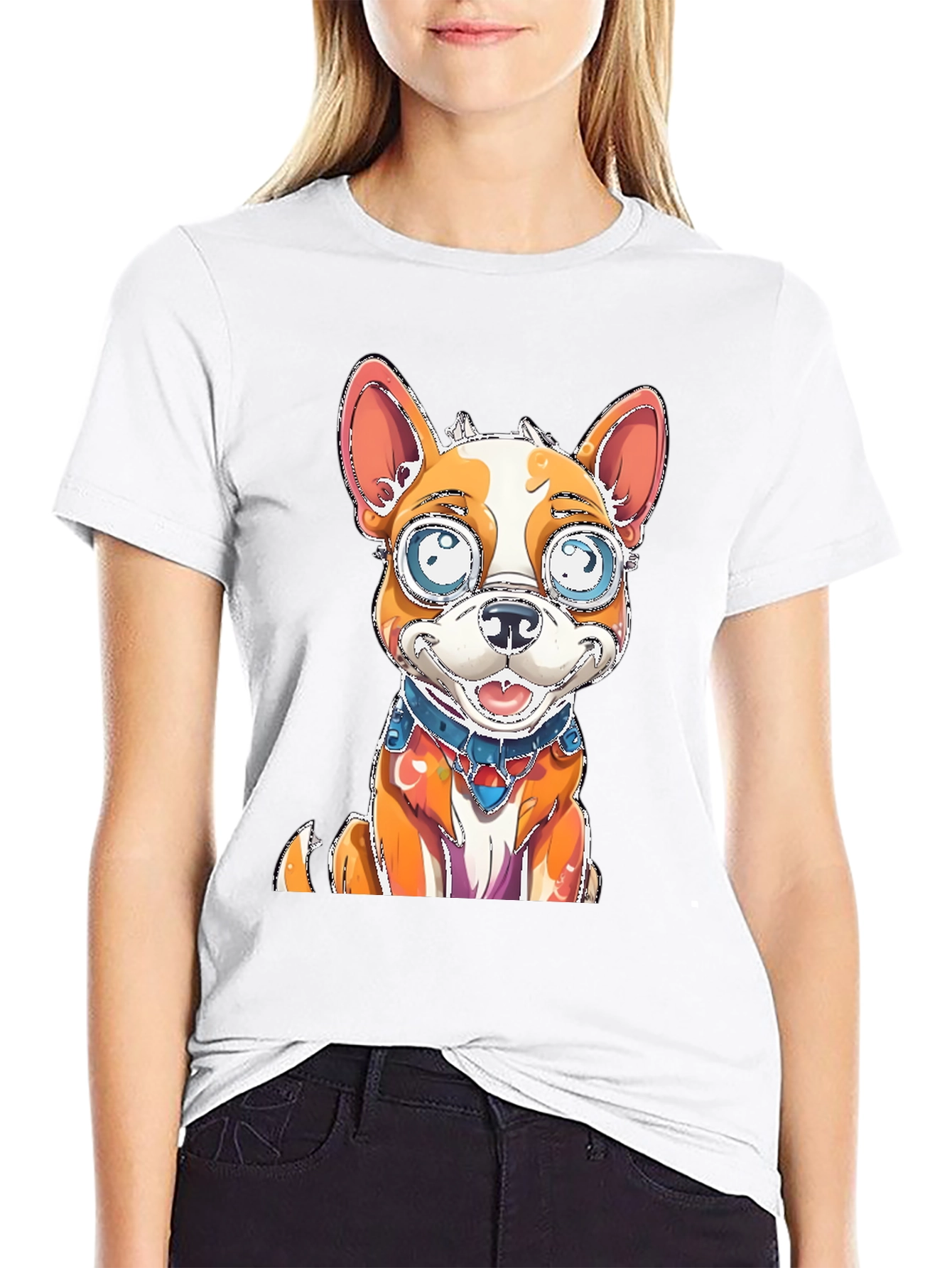 Cartoon Dog Graphic Tee - Black Cotton Blend Shirt