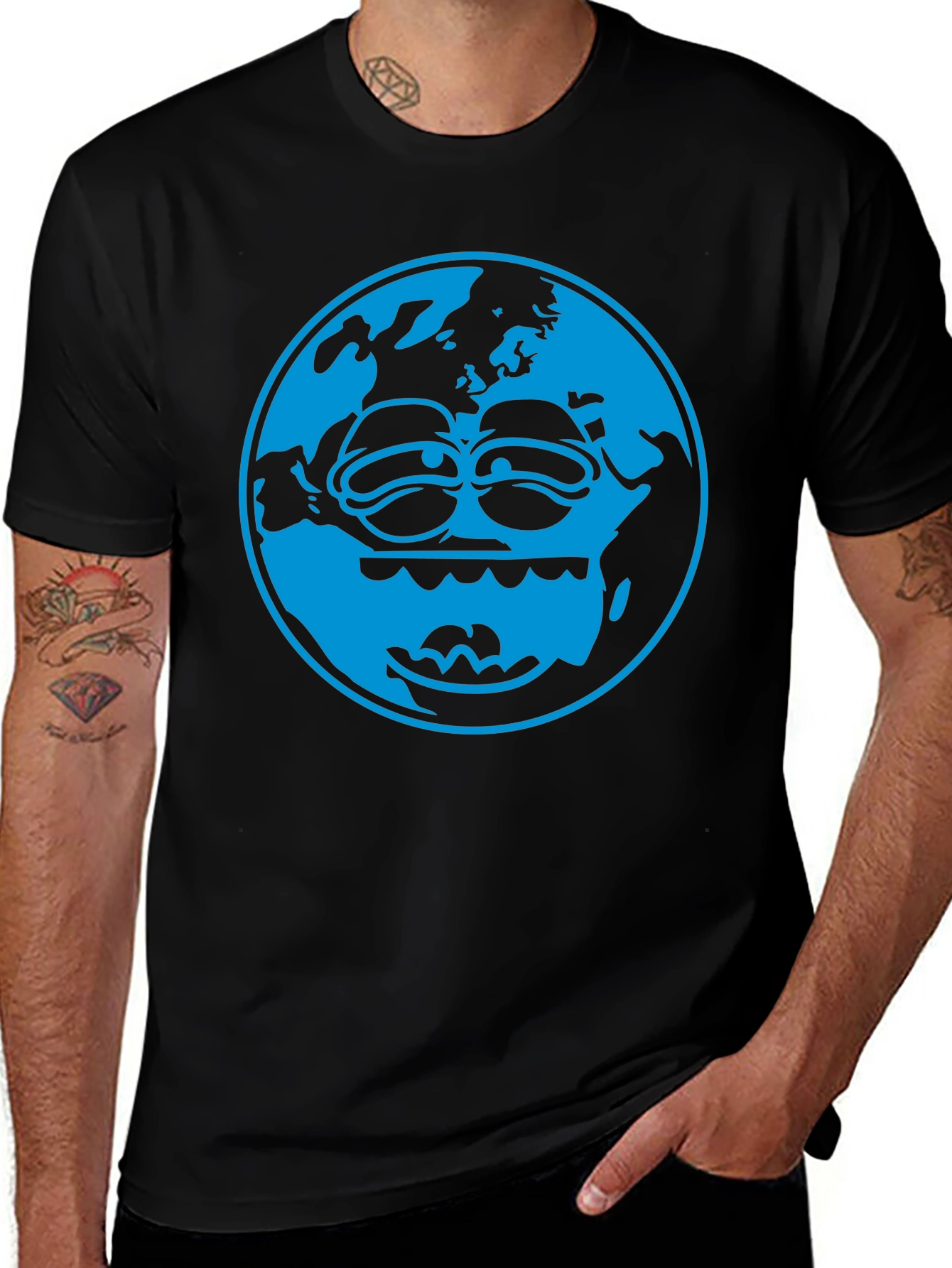 Cartoon Earth Graphic Tee - Black Cotton T-Shirt