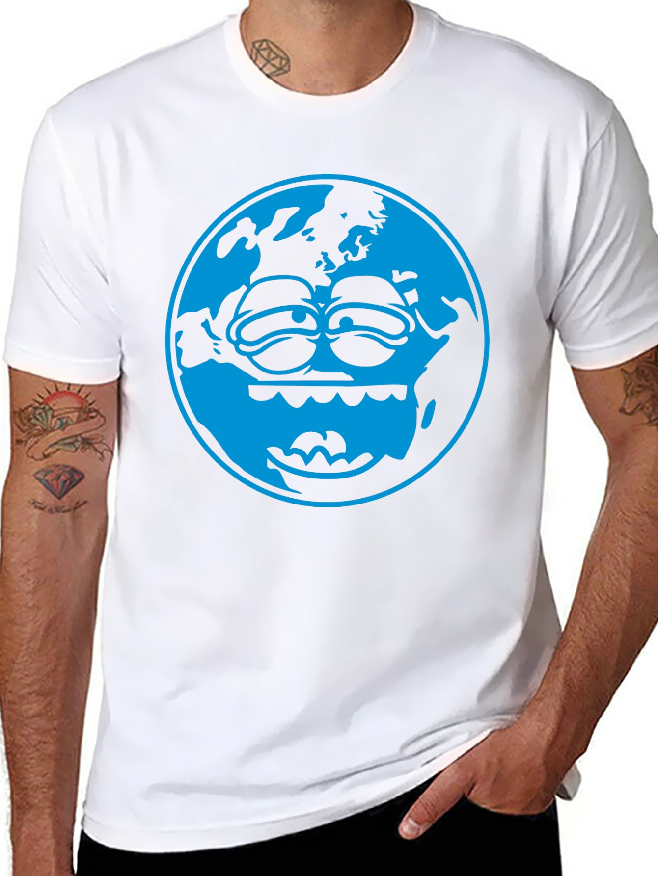 Cartoon Earth Graphic Tee - Black Cotton T-Shirt