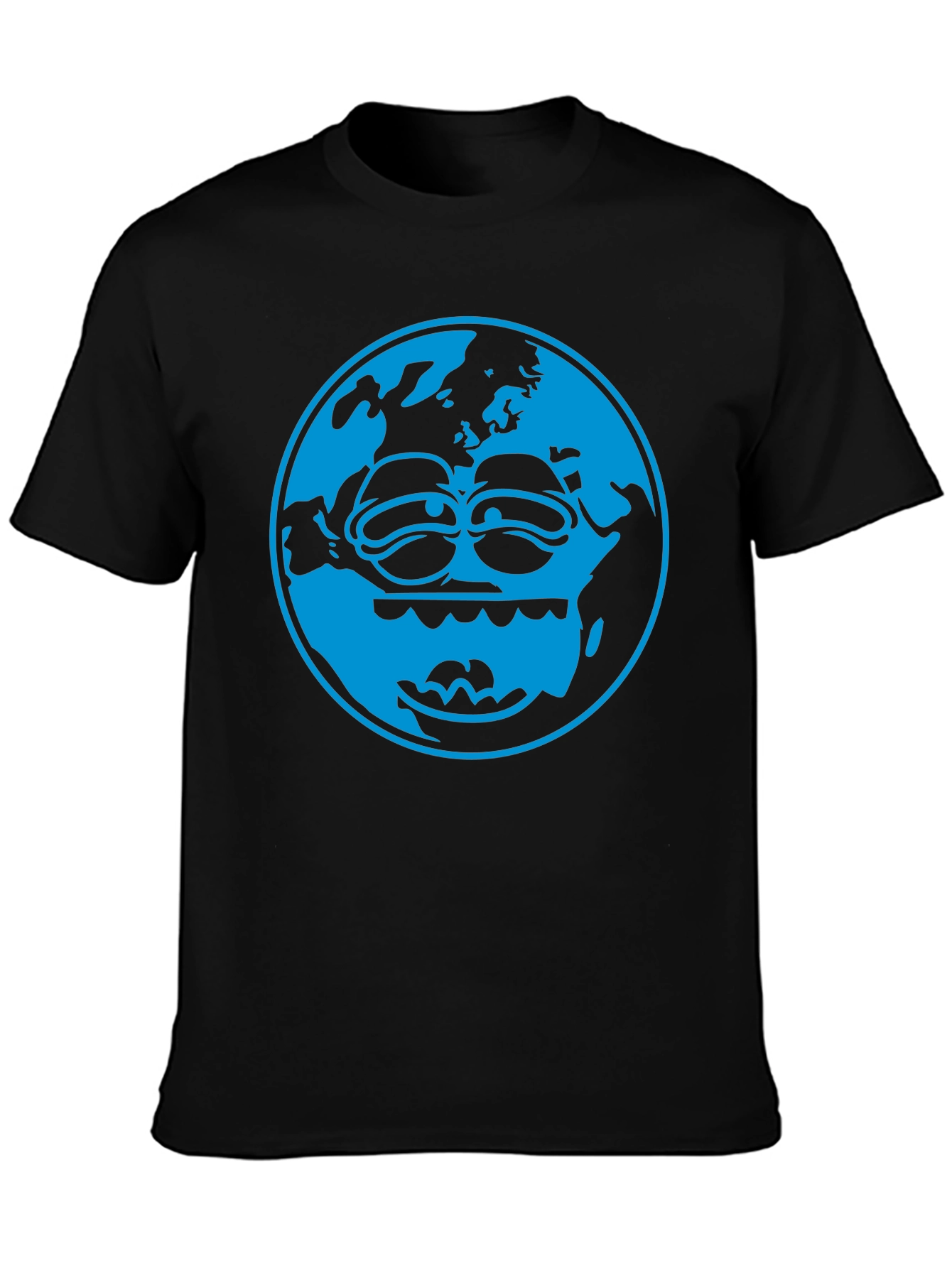 Cartoon Earth Graphic Tee - Black Cotton T-Shirt