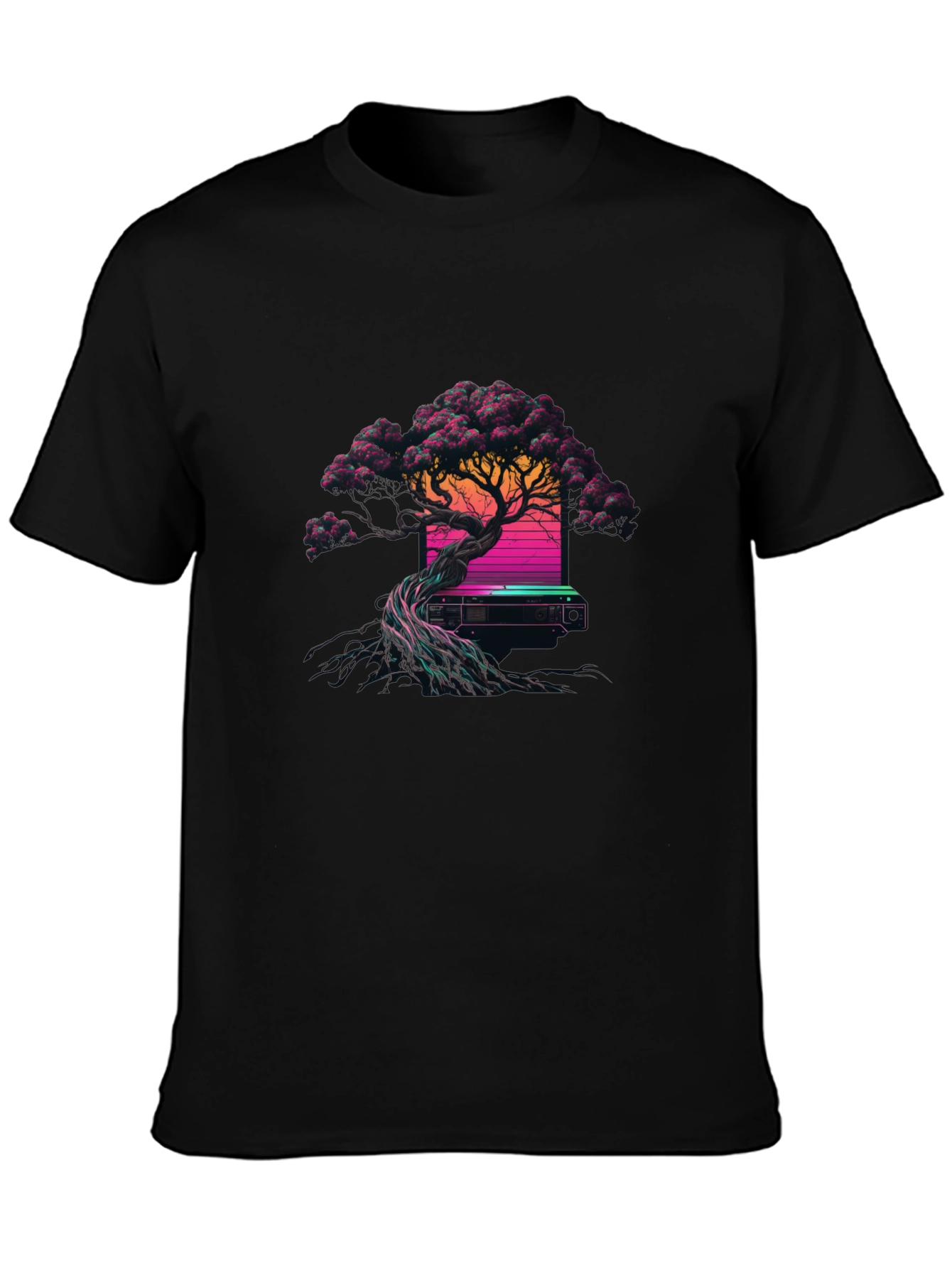 Synthwave Bonsai Tree Black T-Shirt