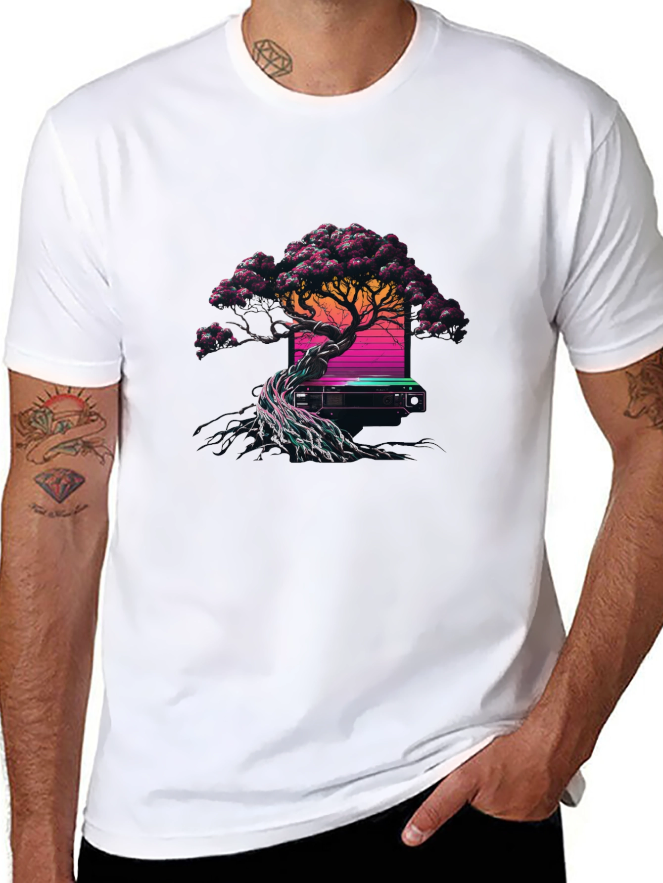 Synthwave Bonsai Tree Black T-Shirt