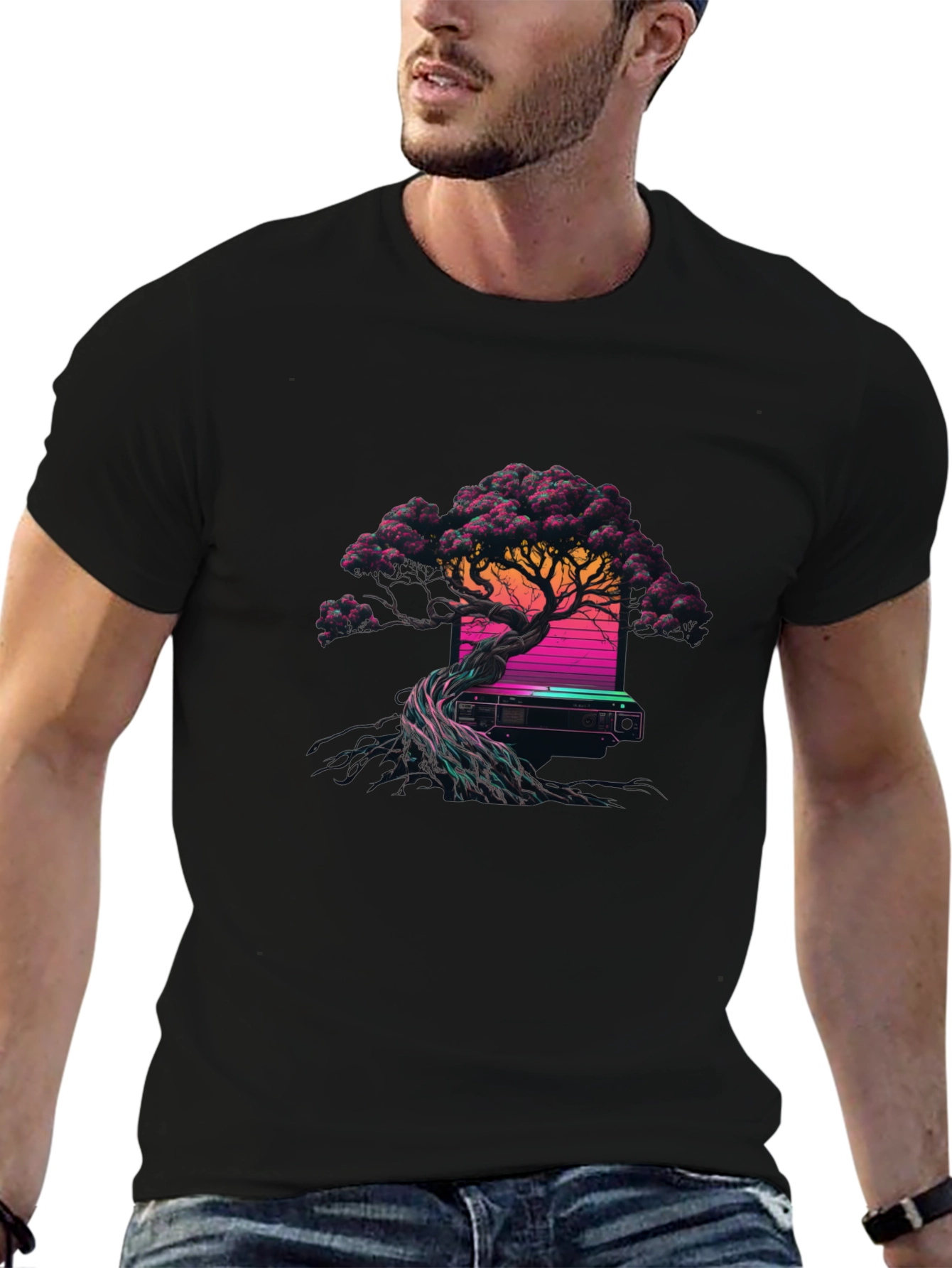 Synthwave Bonsai Tree Black T-Shirt