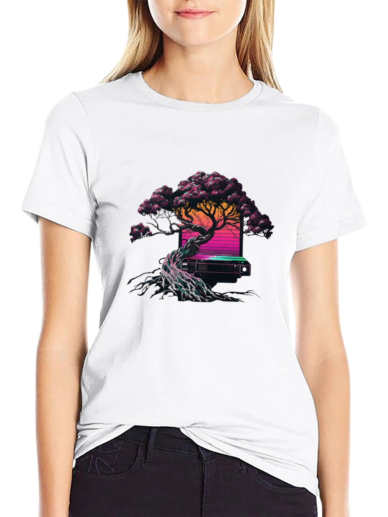 Synthwave Bonsai Tree Black T-Shirt