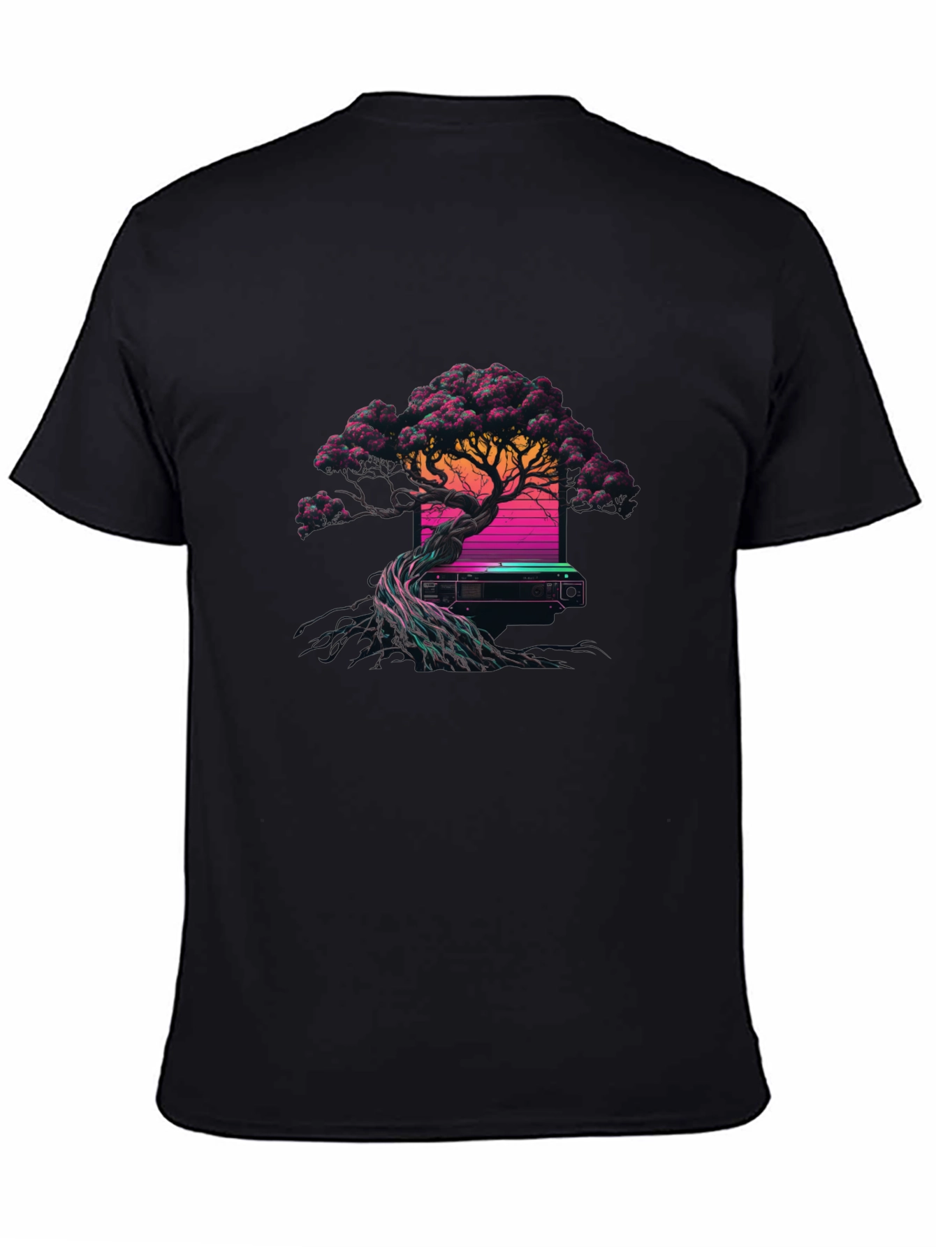 Synthwave Bonsai Tree Black T-Shirt