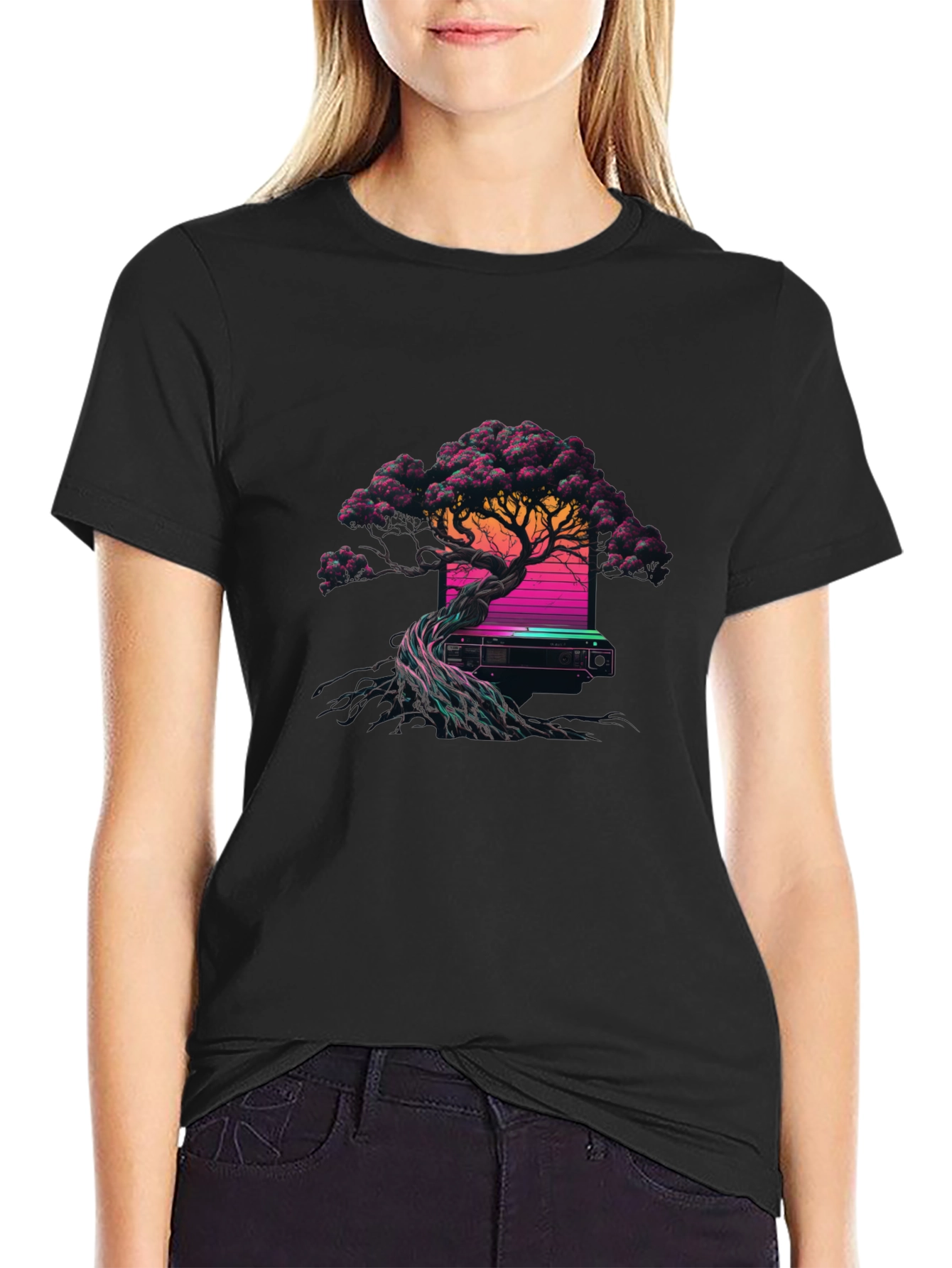 Synthwave Bonsai Tree Black T-Shirt