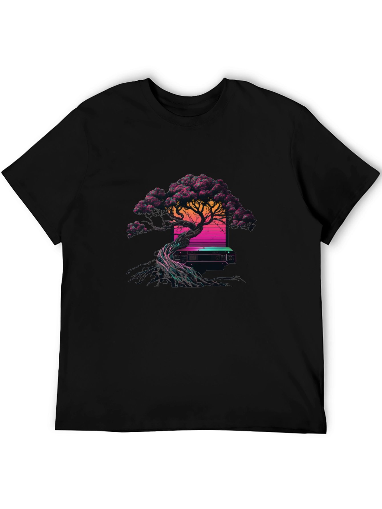 Synthwave Bonsai Tree Black T-Shirt
