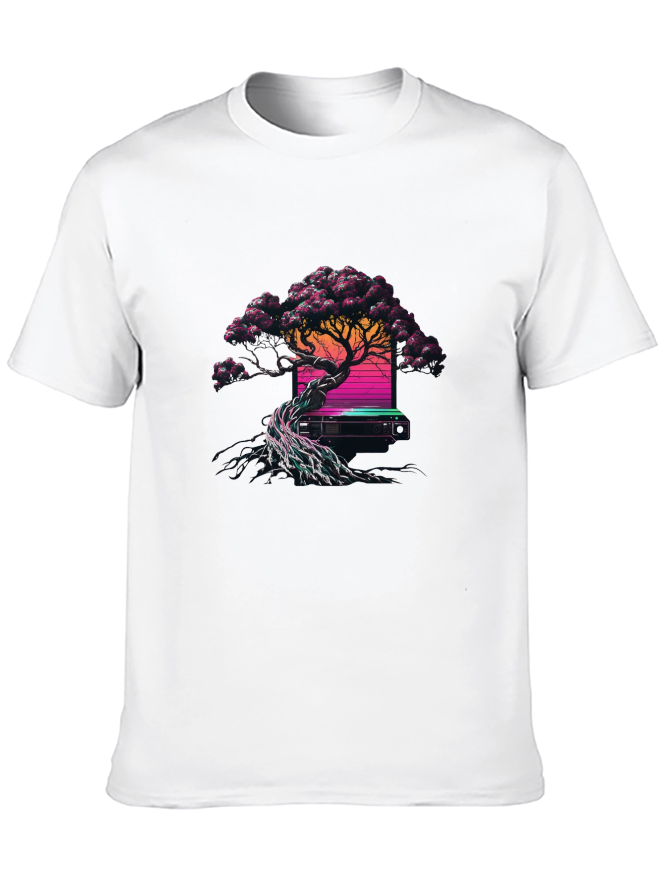 Synthwave Bonsai Tree Black T-Shirt