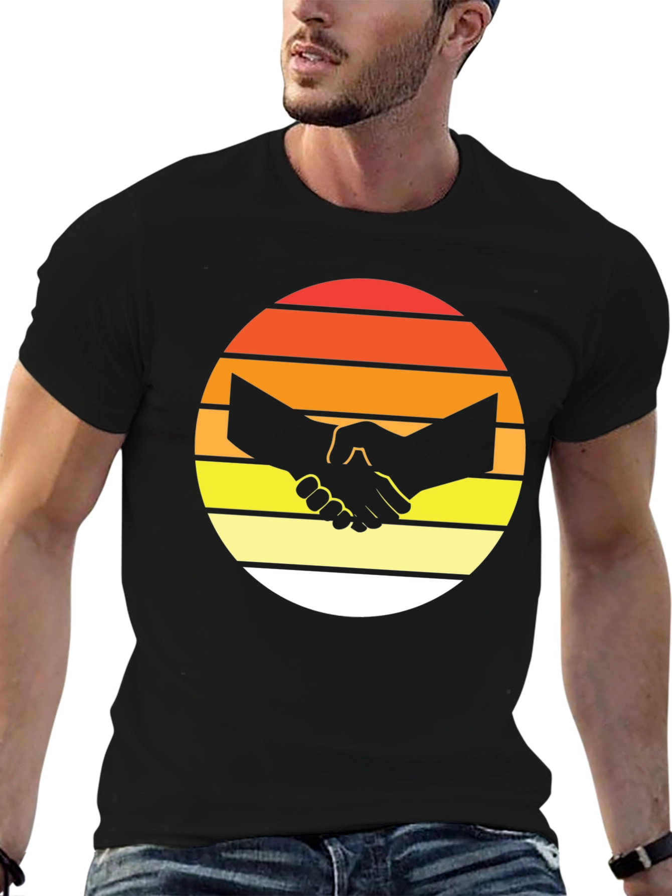 Sunset Handshake Graphic Black T-Shirt
