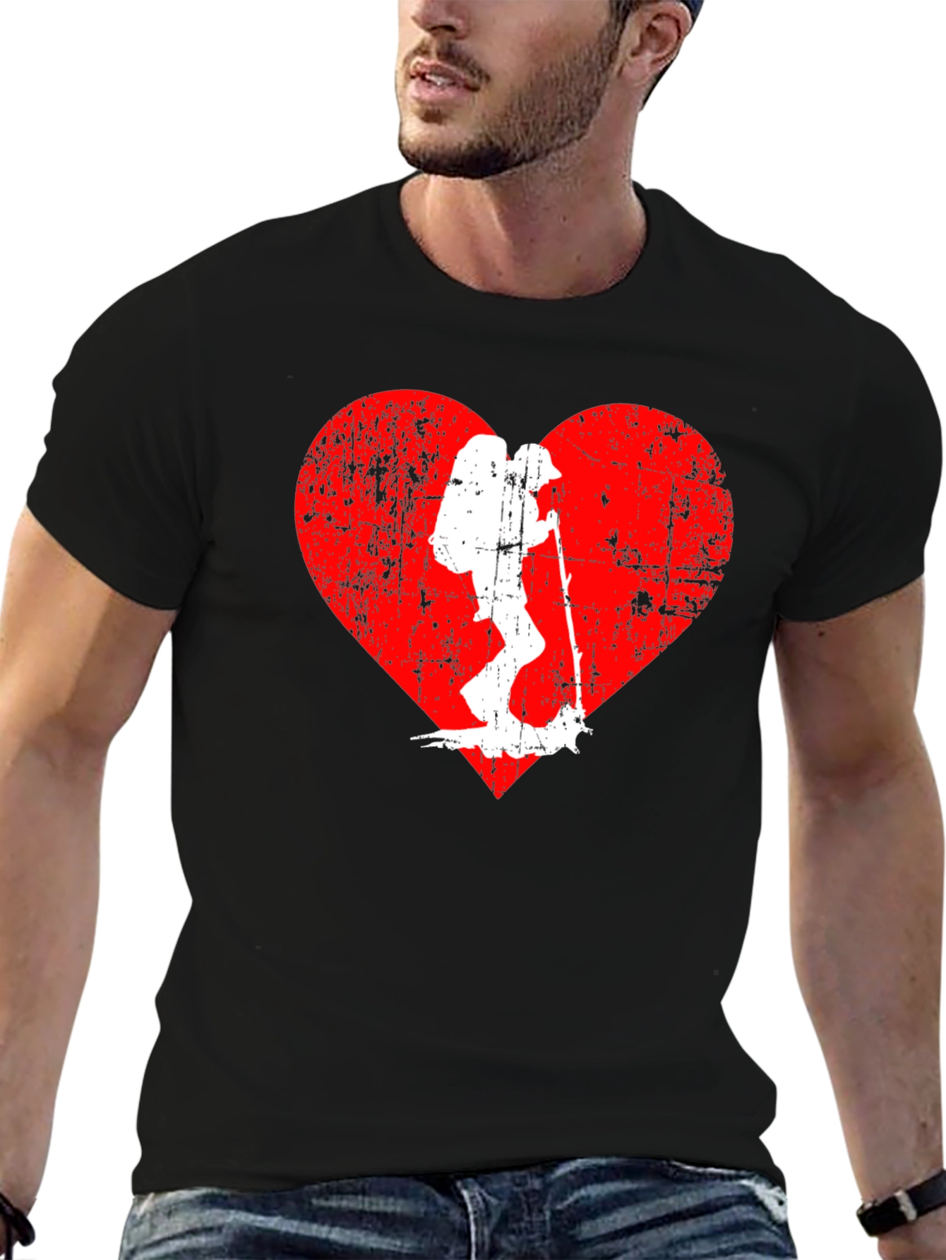 Hiking Heart Graphic Tee - Black Cotton T-Shirt