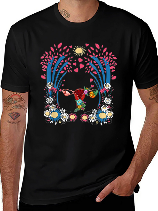 Uterus Floral Print Black T-Shirt