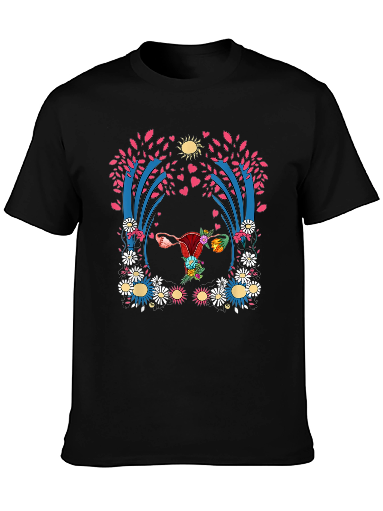 Uterus Floral Print Black T-Shirt