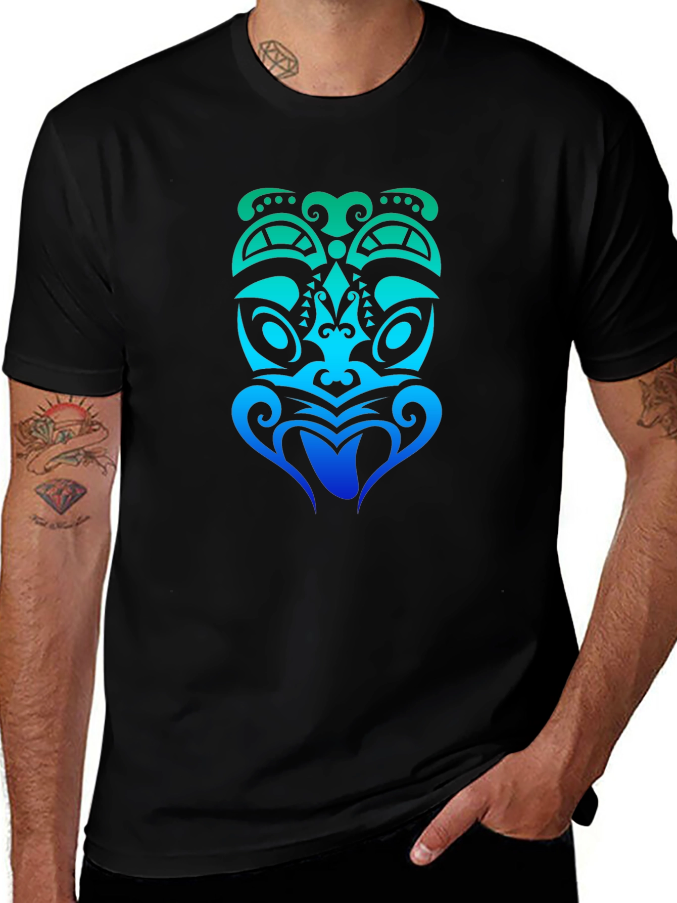 Tribal Tiki Mask Graphic Tee - Black Cotton