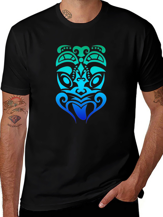Tribal Tiki Mask Graphic Tee - Black Cotton