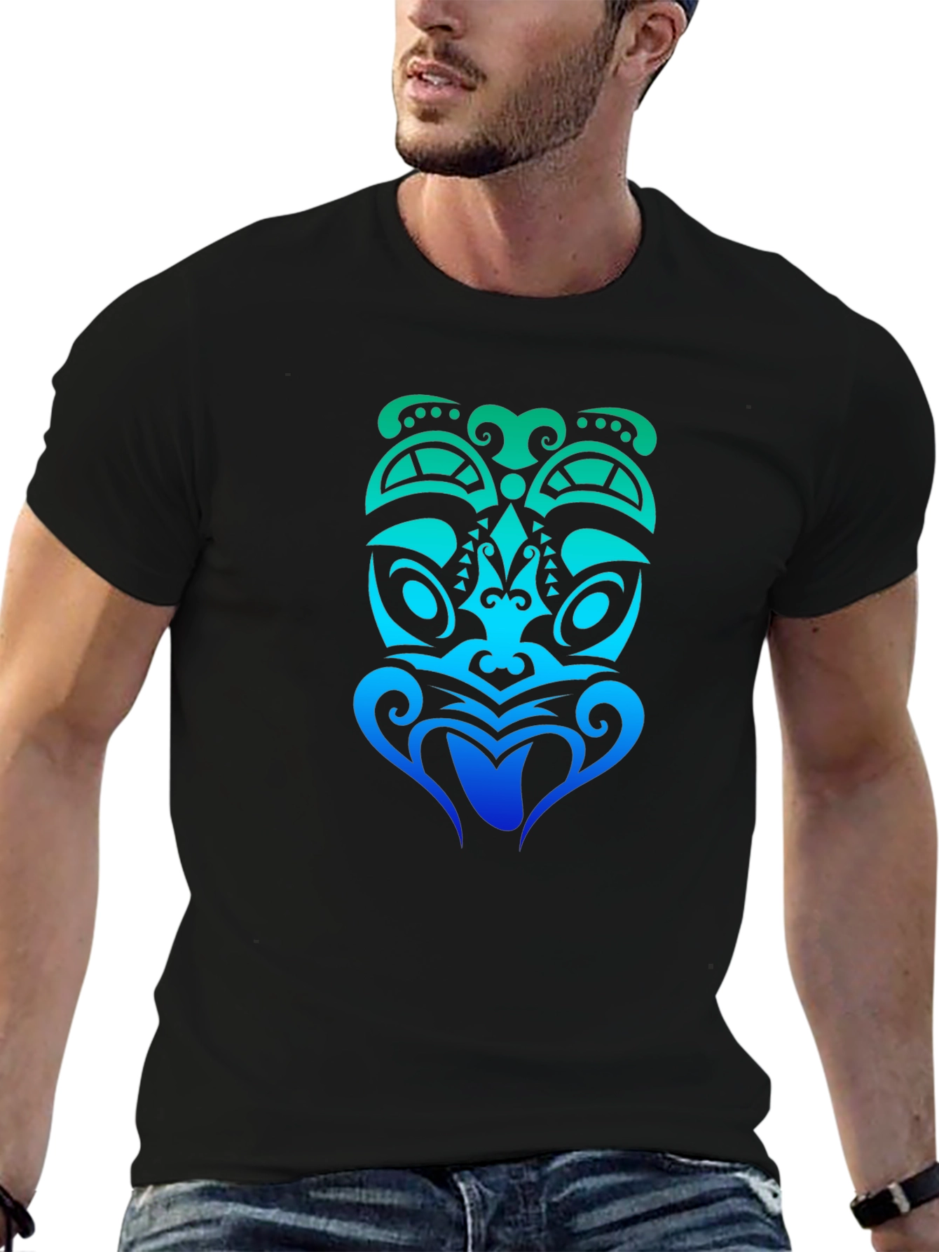Tribal Tiki Mask Graphic Tee - Black Cotton