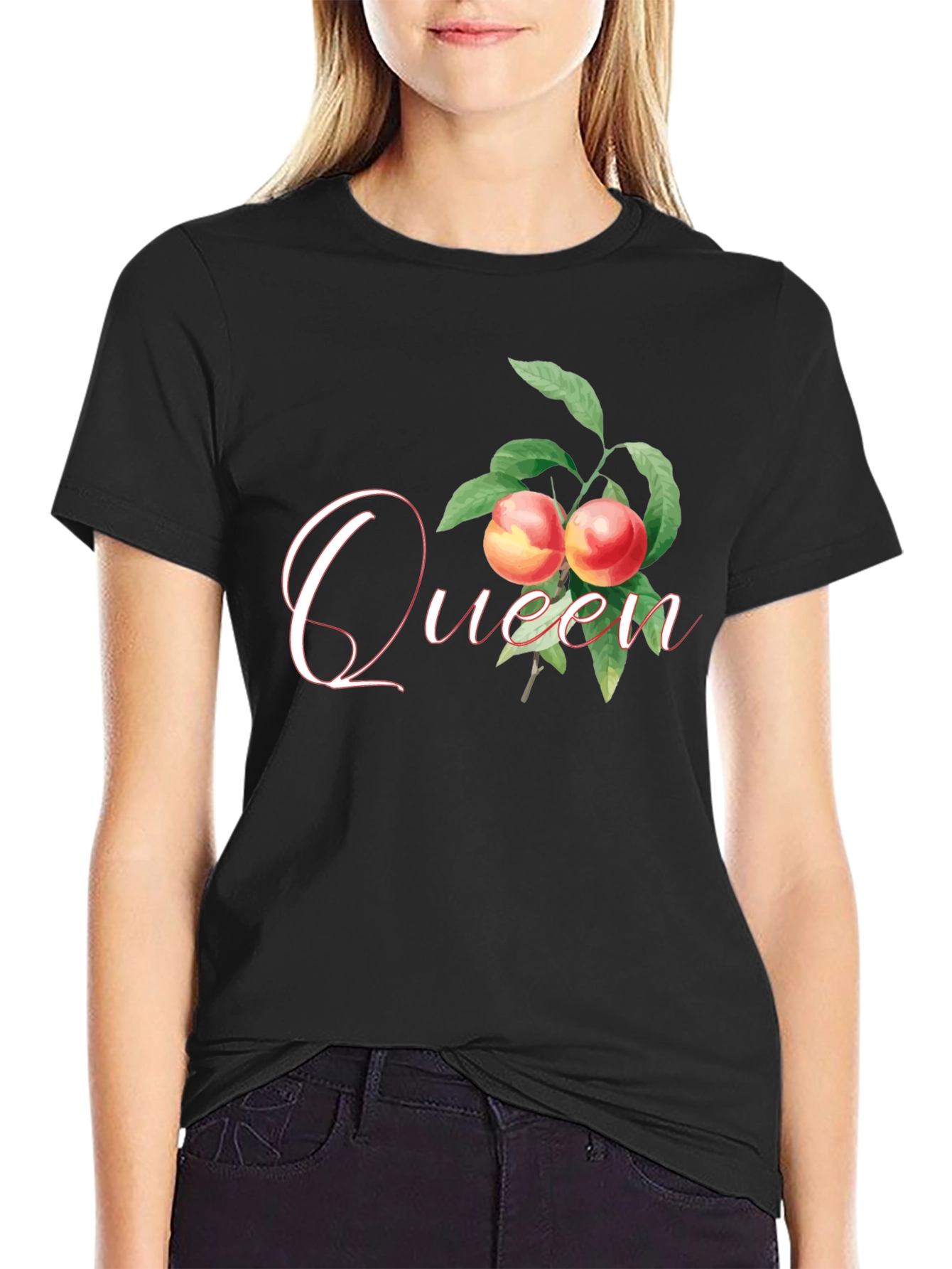 Queen Peach Graphic Tee - Trendy Fruit Design