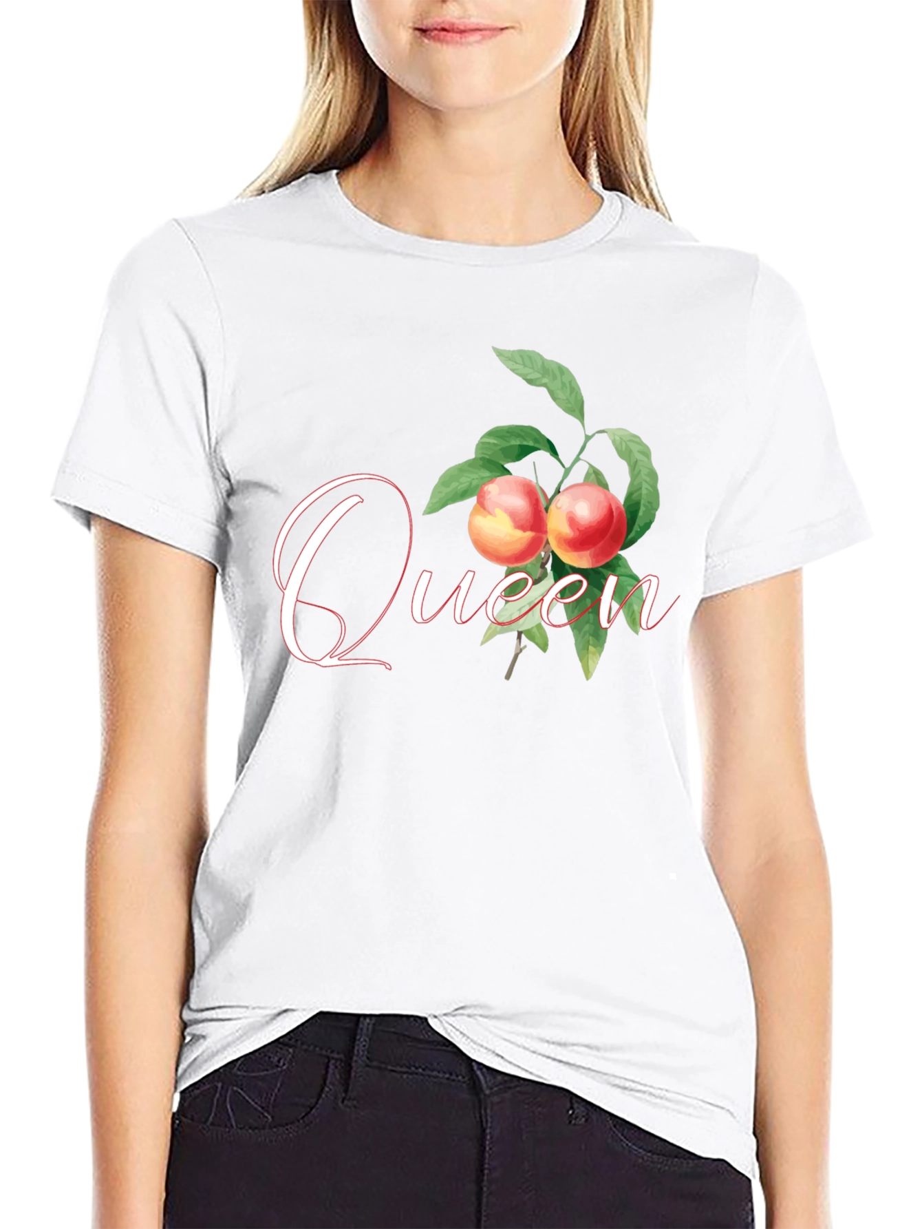Queen Peach Graphic Tee - Trendy Fruit Design