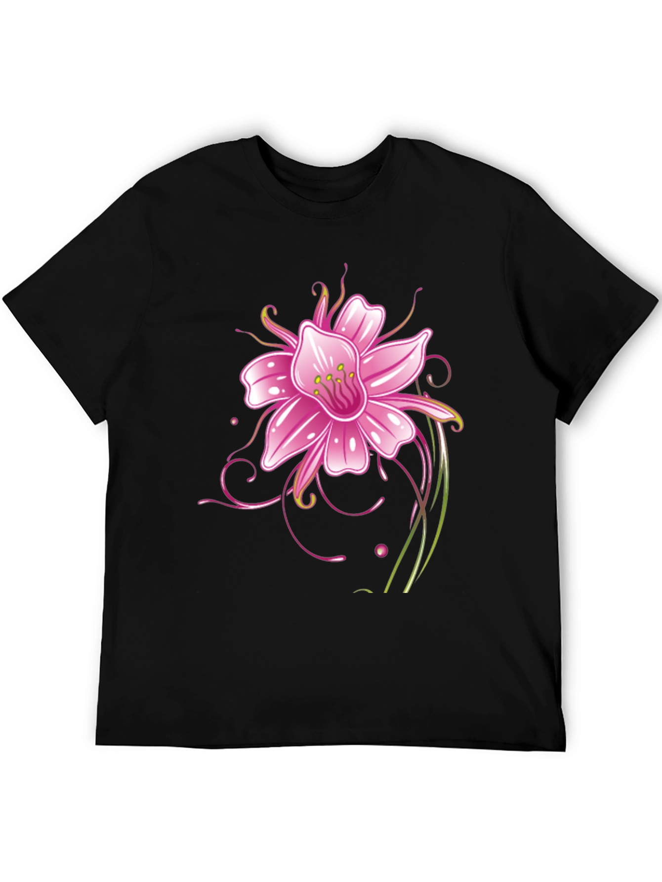 Black T-Shirt with Pink Flower Graphic Design