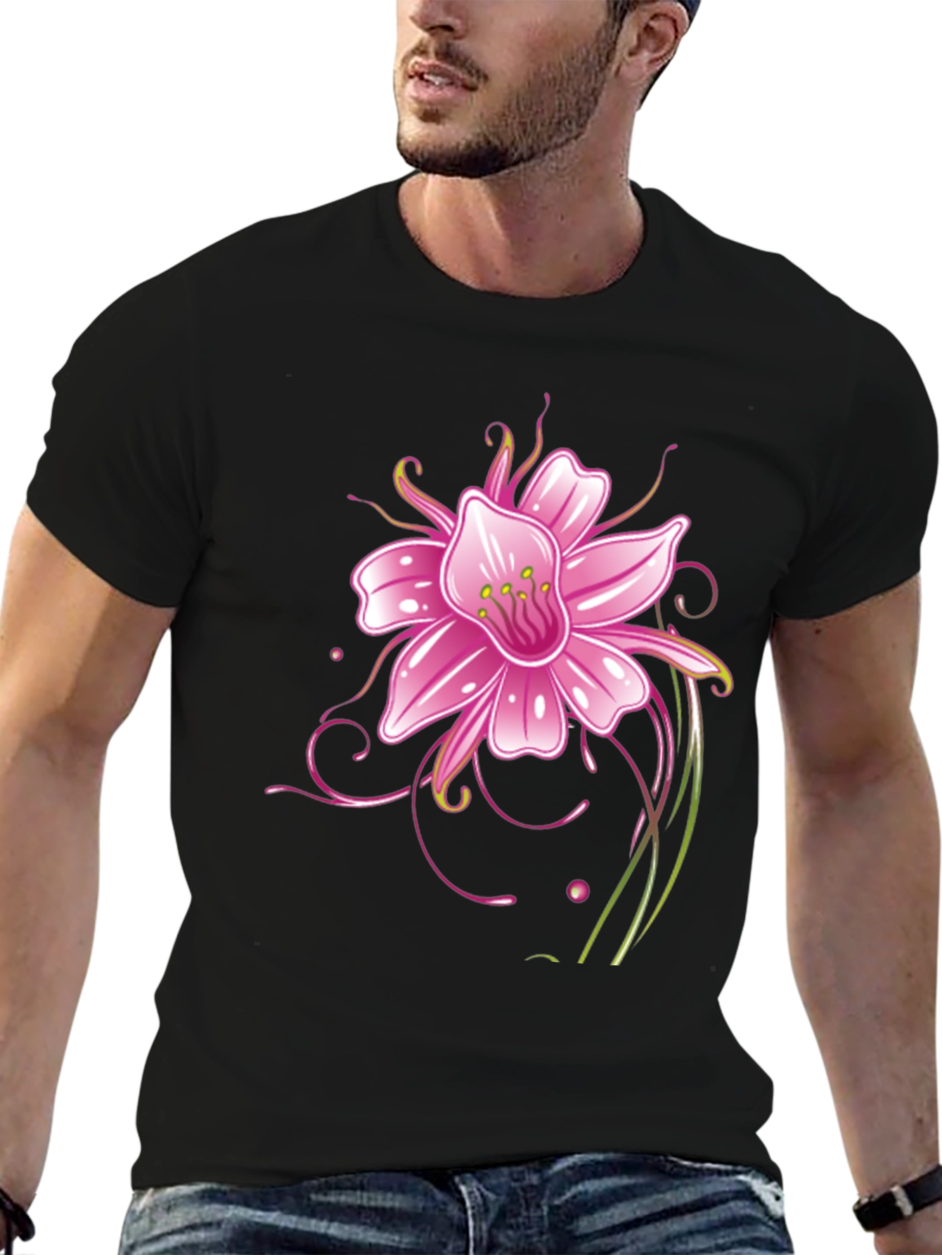 Black T-Shirt with Pink Flower Graphic Design