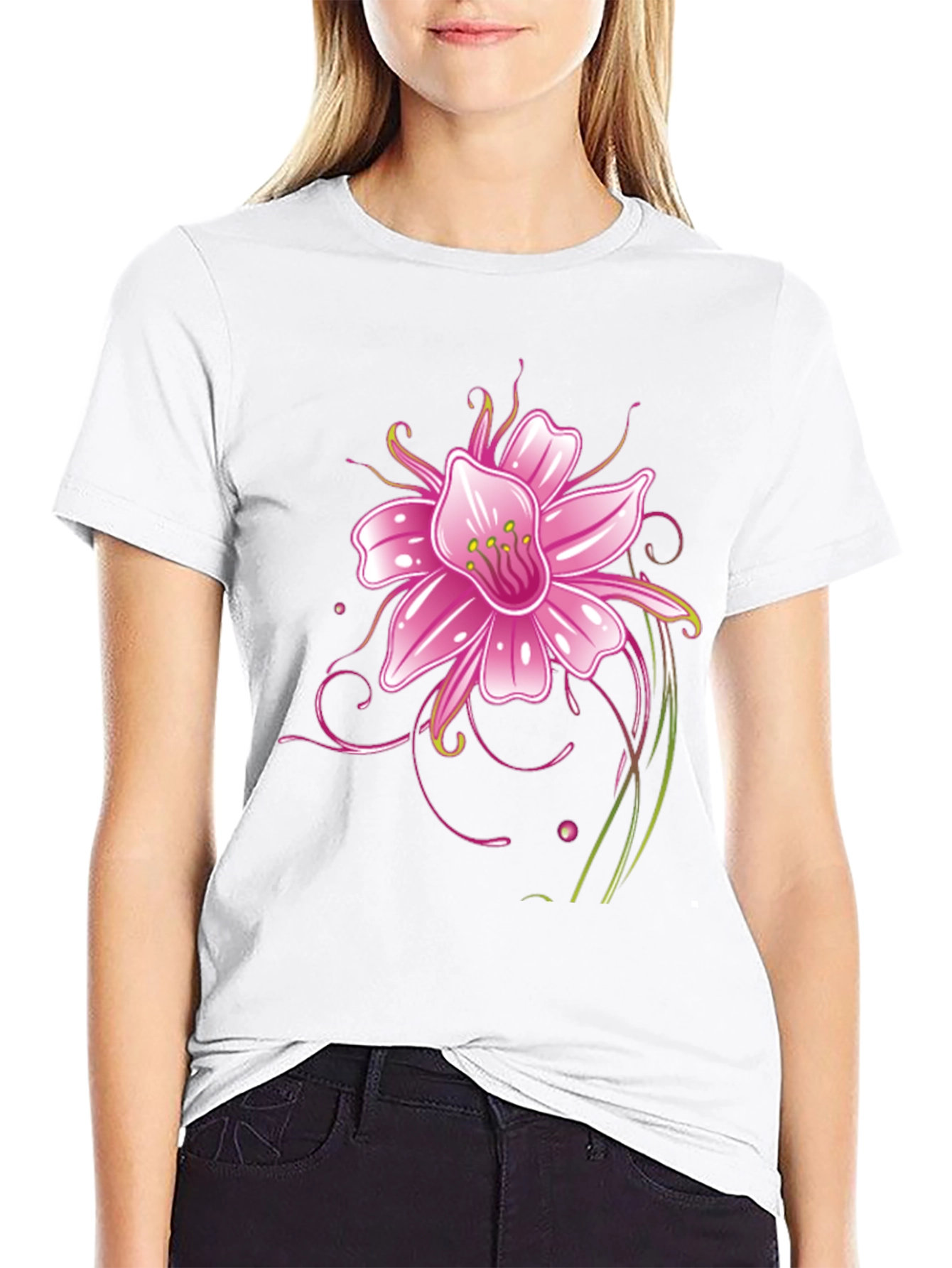 Black T-Shirt with Pink Flower Graphic Design