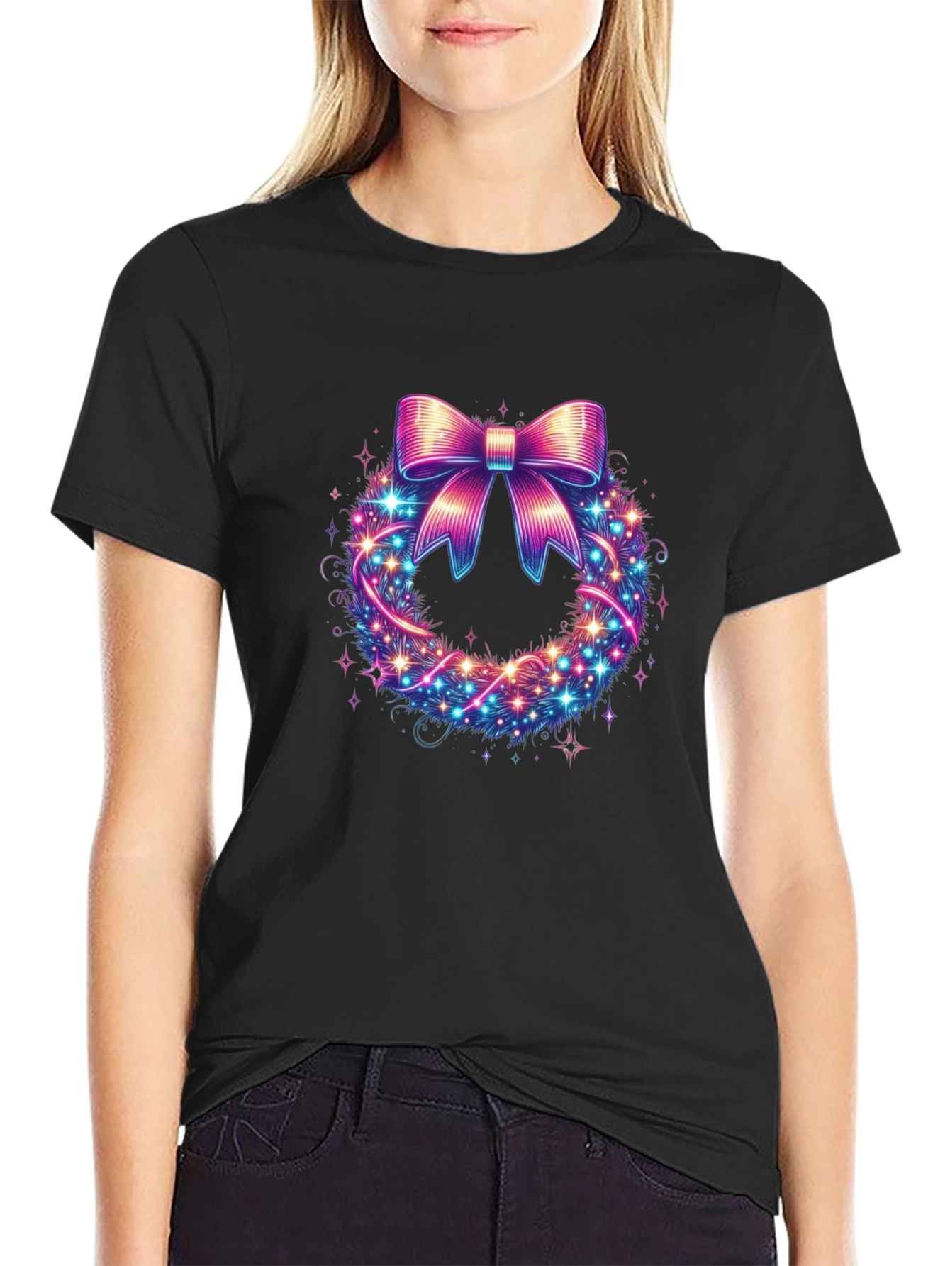Festive Bow Wreath Graphic Tee - Holiday Spirit