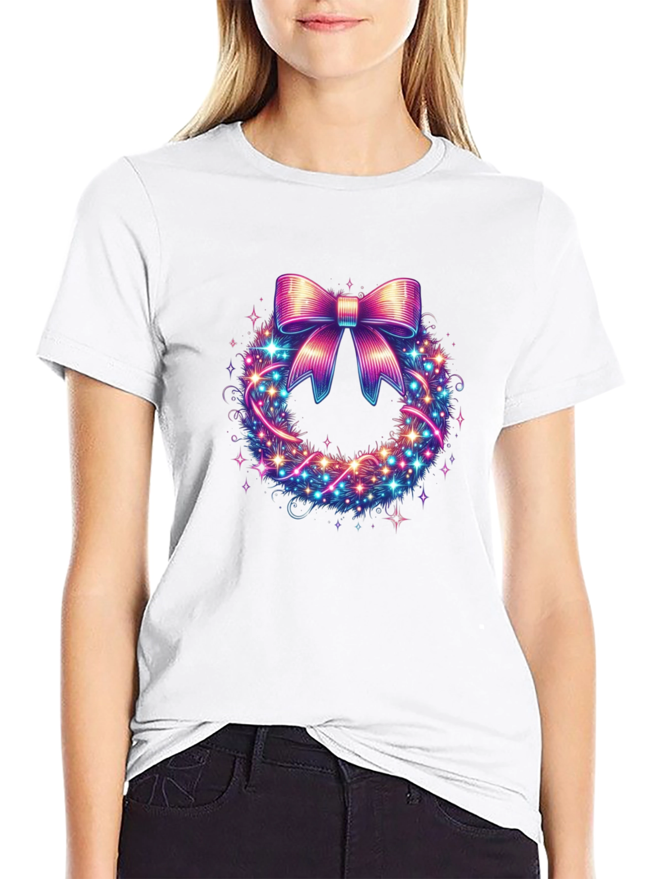 Festive Bow Wreath Graphic Tee - Holiday Spirit