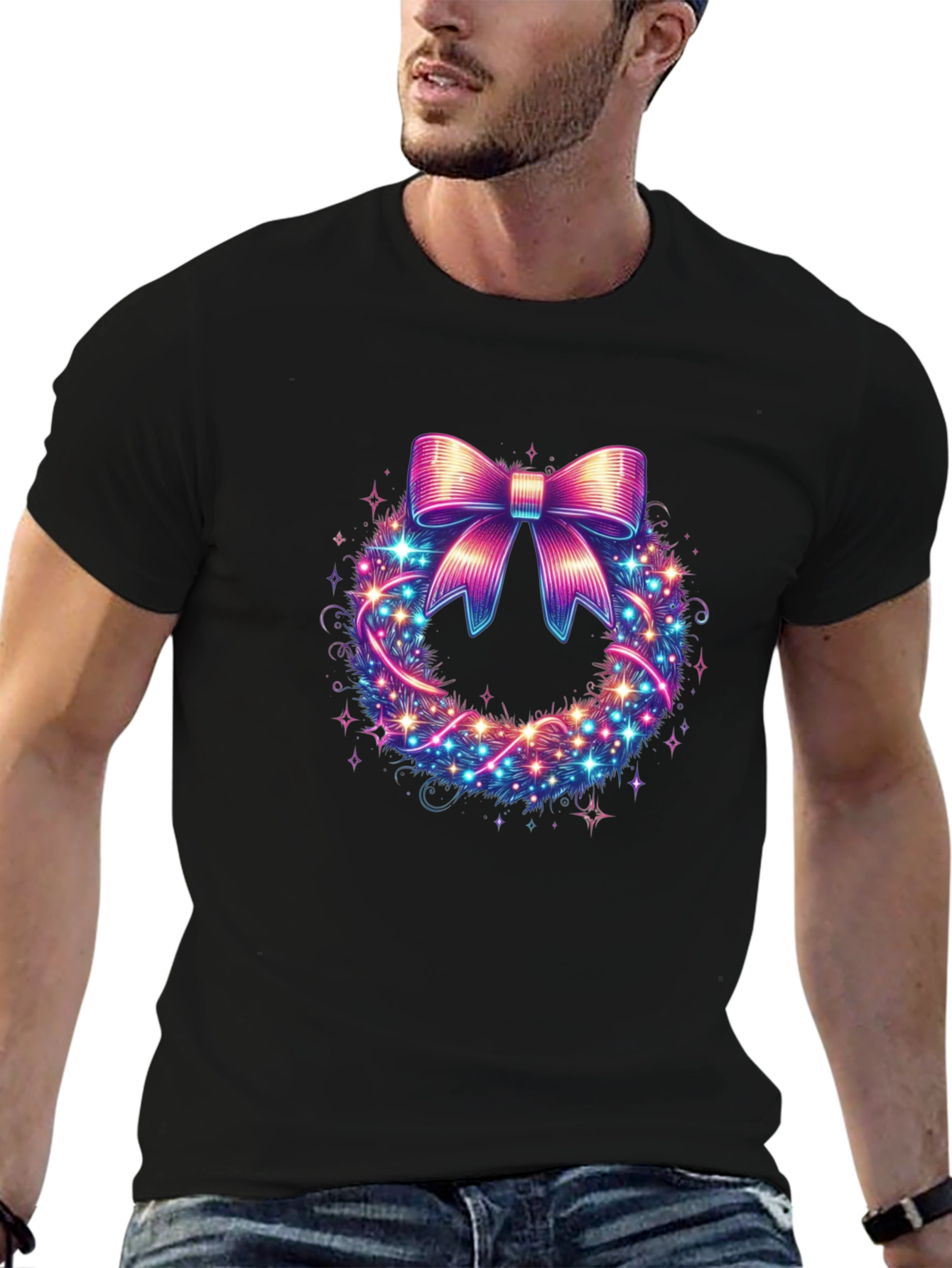 Festive Bow Wreath Graphic Tee - Holiday Spirit