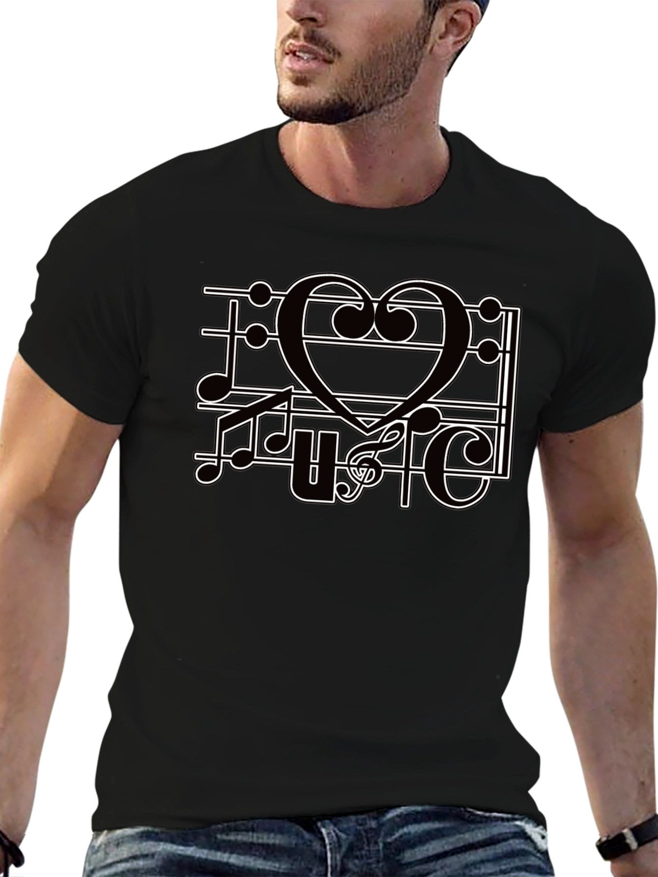 Music Heart T-Shirt Mens Black Tee Graphic Print