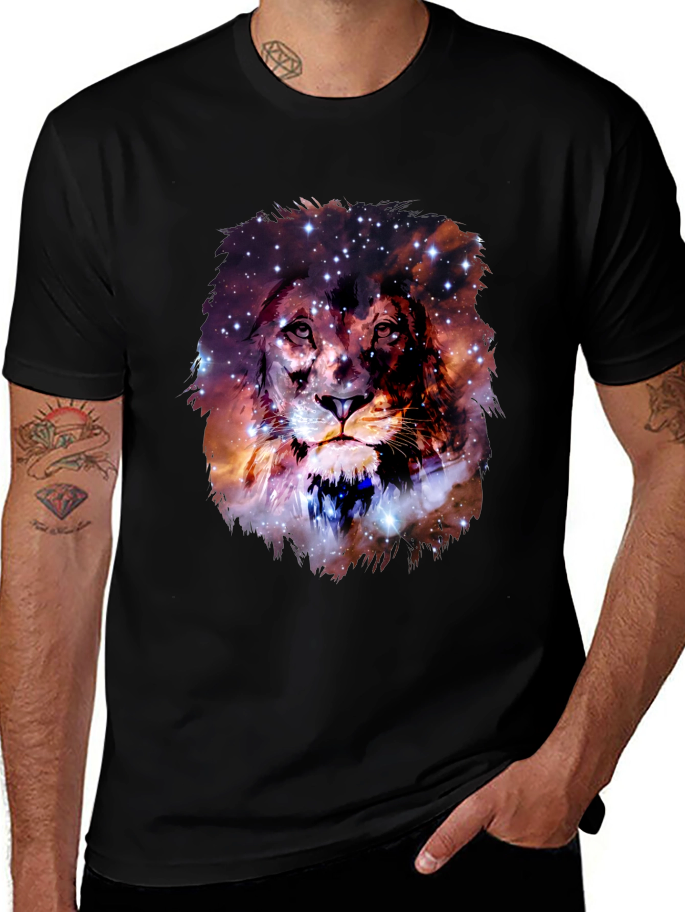 Lion Galaxy Print Black T-Shirt