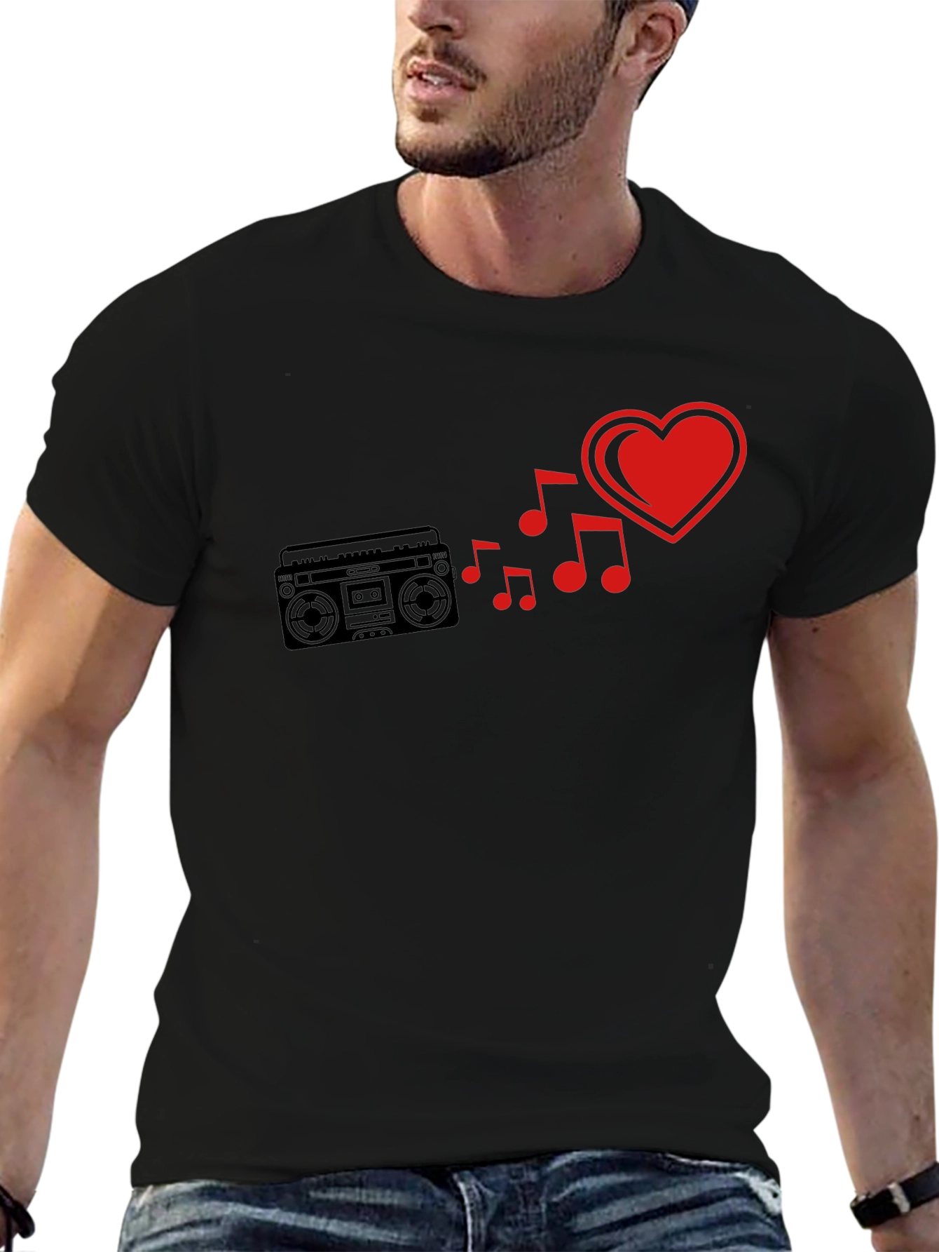 Retro Music Love T-Shirt - Boombox & Heart Design
