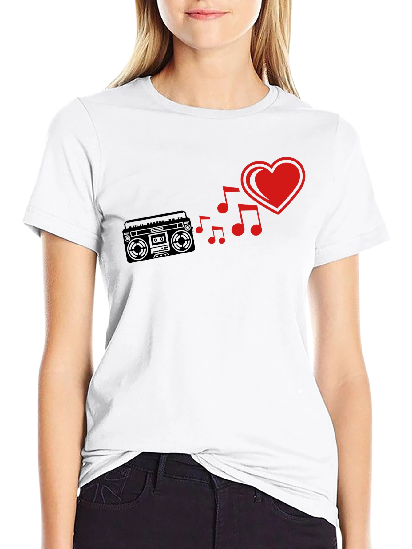 Retro Music Love T-Shirt - Boombox & Heart Design