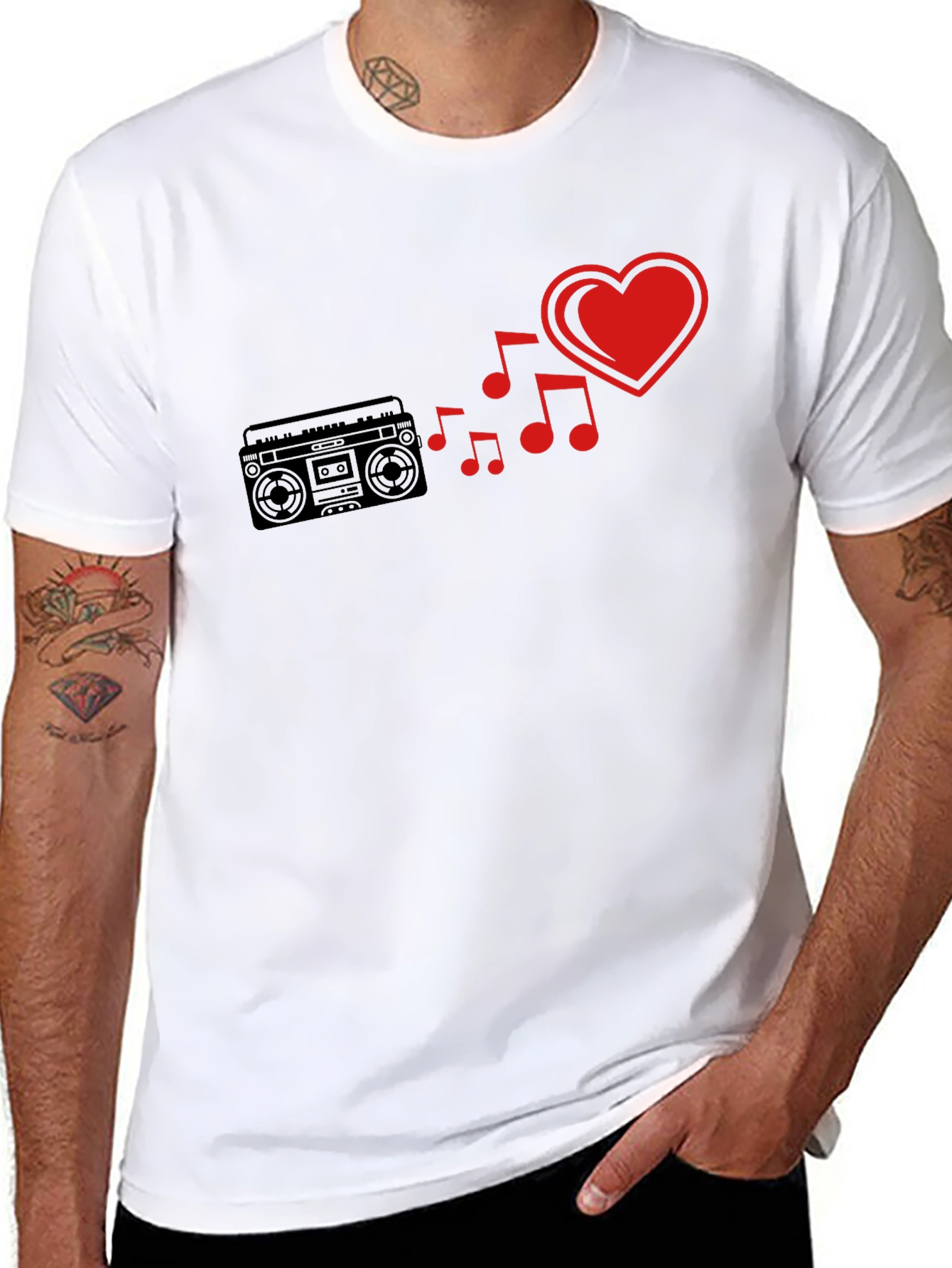 Retro Music Love T-Shirt - Boombox & Heart Design