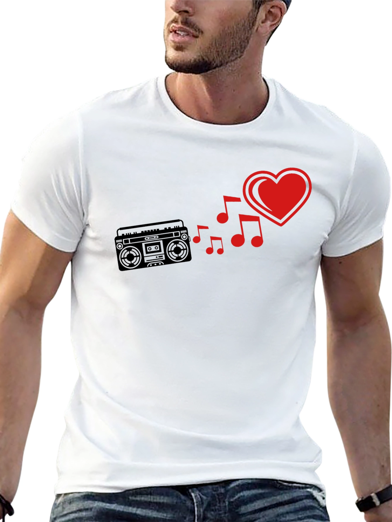 Retro Music Love T-Shirt - Boombox & Heart Design