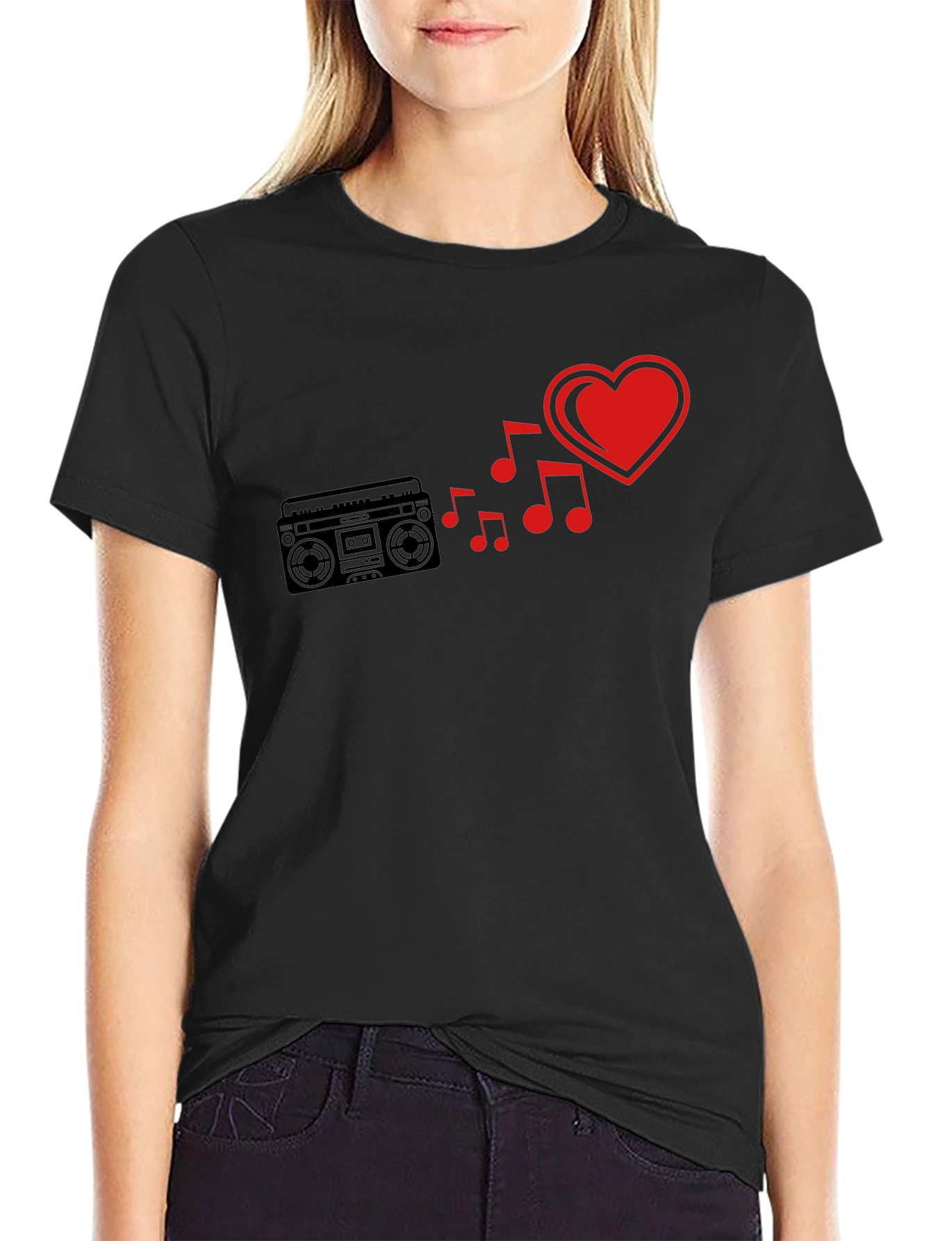 Retro Music Love T-Shirt - Boombox & Heart Design