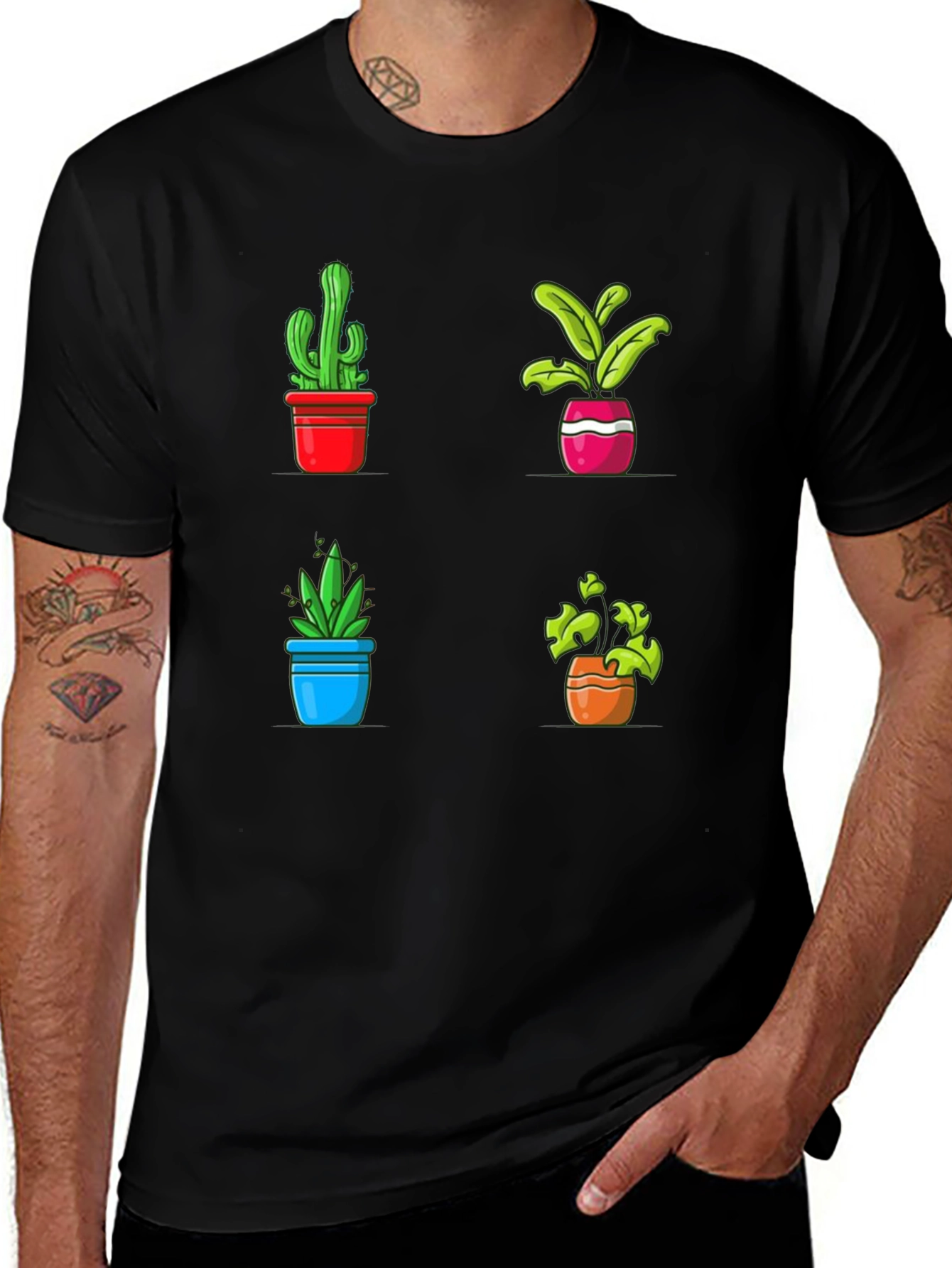 Potted Plants Graphic Tee - Black Cotton T-Shirt