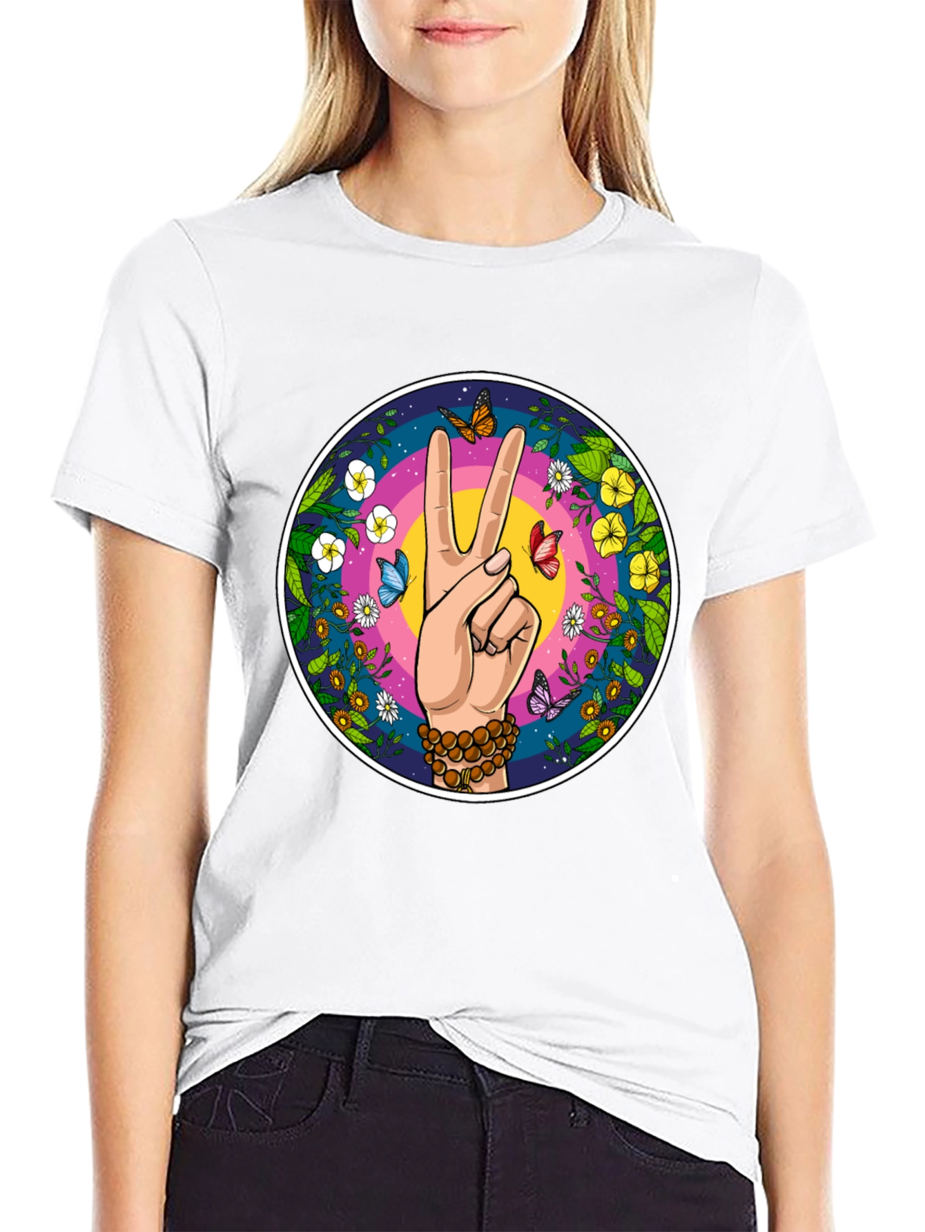 Peace Sign Butterfly Graphic Tee - Black
