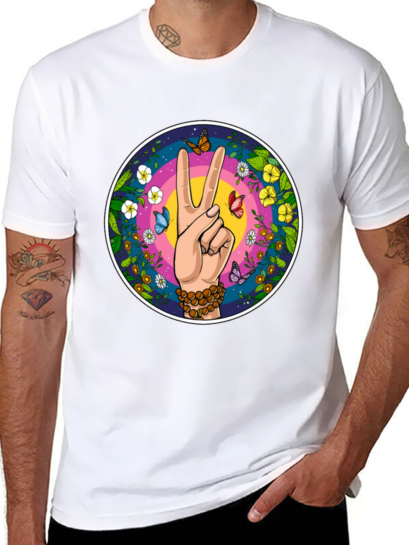 Peace Sign Butterfly Graphic Tee - Black