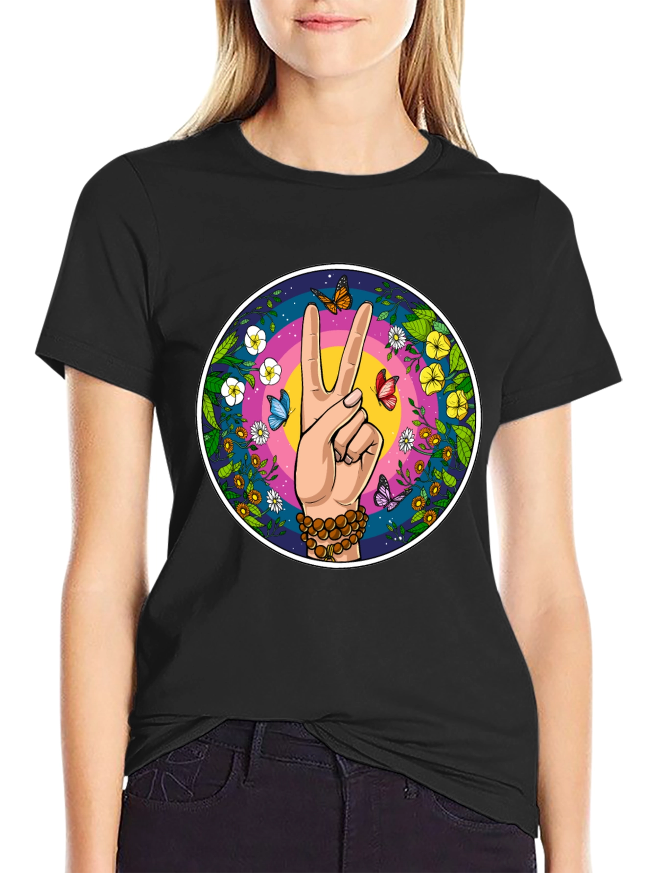 Peace Sign Butterfly Graphic Tee - Black